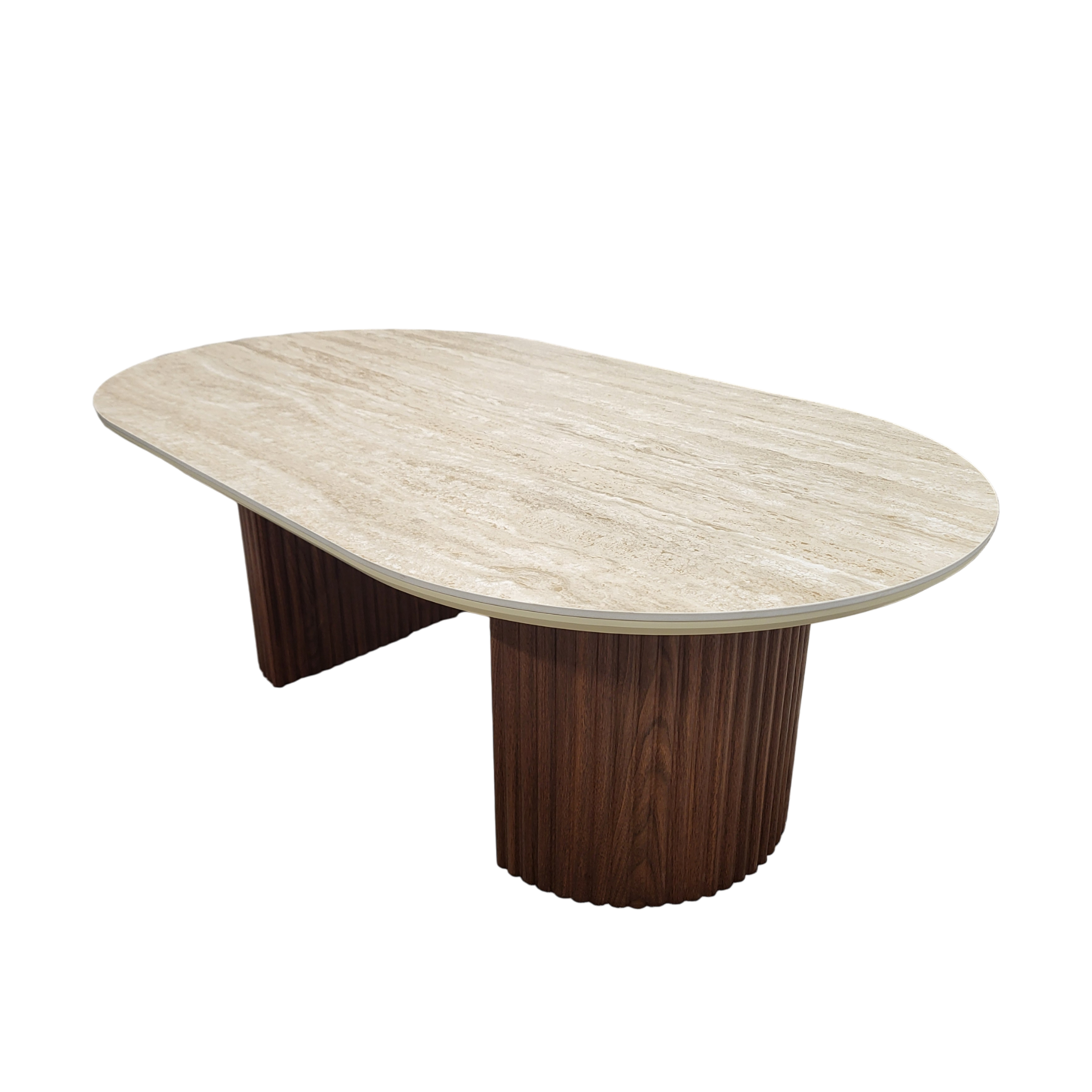 Table basse CALYPSO en céramique effet travertin et bois noyer – 120 cm REF 25