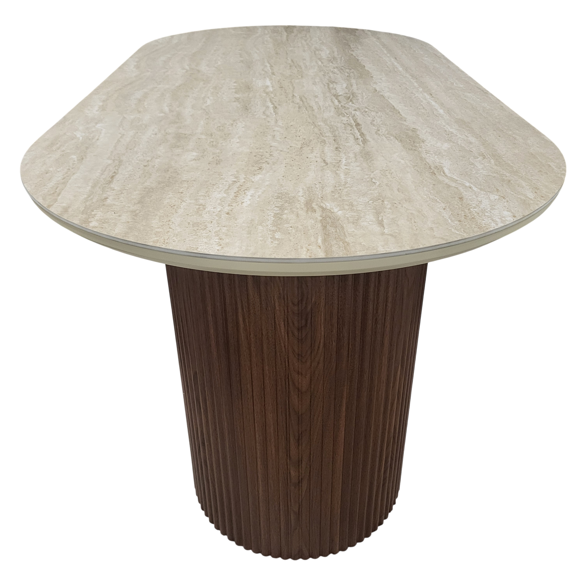 Table à manger CALYPSO plateau en céramique effet travertin - Pieds noyer sku 24.