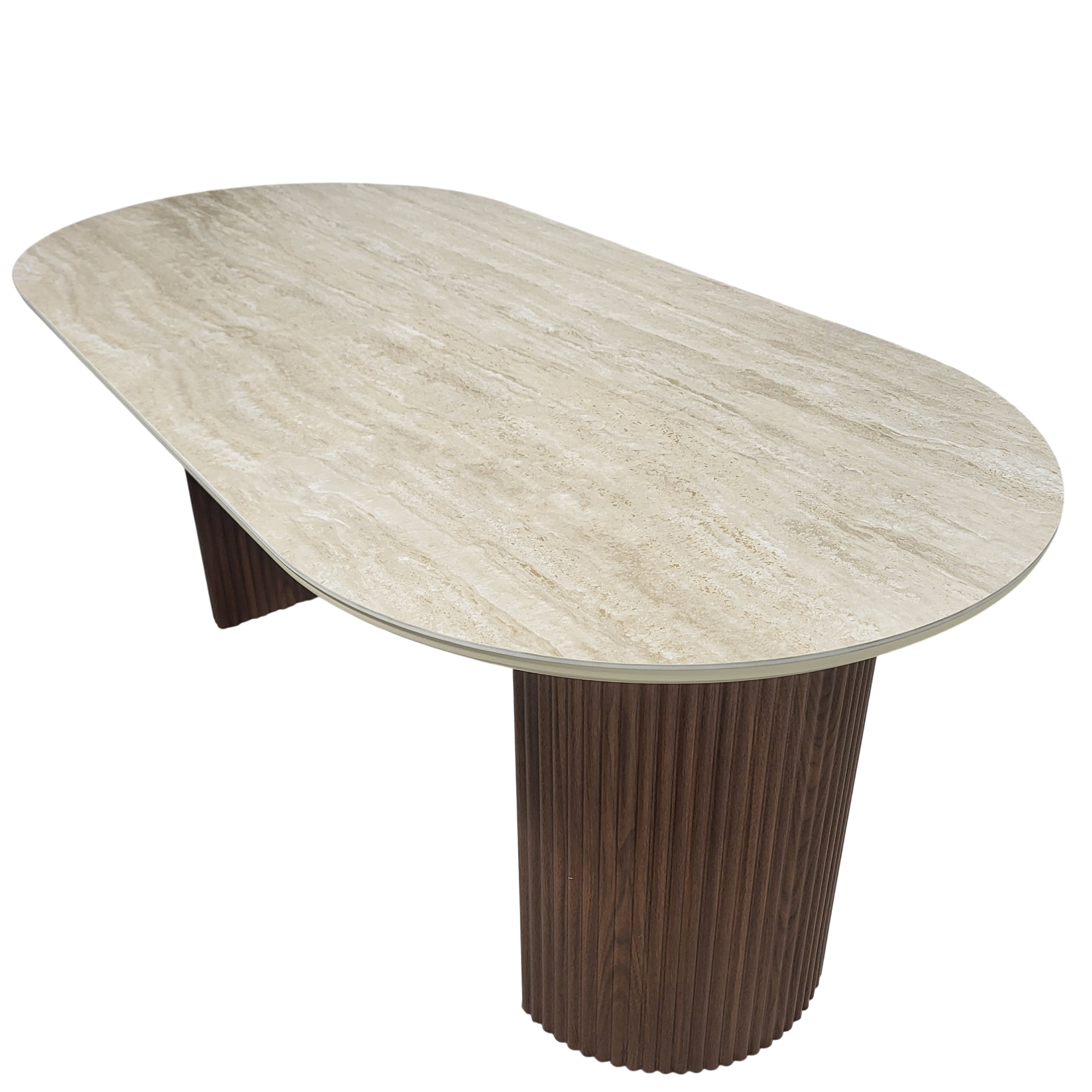 Table à manger CALYPSO plateau en céramique effet travertin - Pieds noyer sku 24.