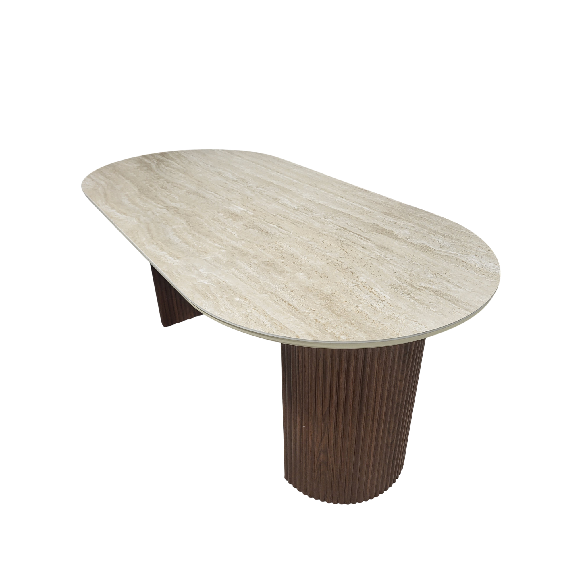 Table à manger CALYPSO plateau en céramique effet travertin - Pieds noyer REF 24.