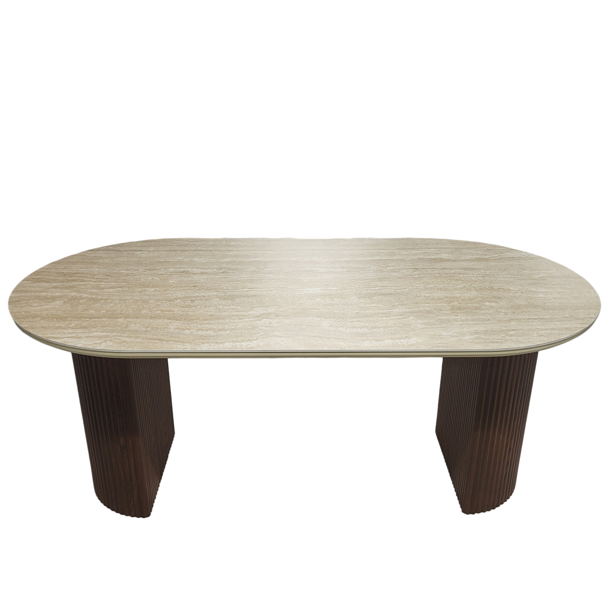 Table à manger CALYPSO plateau en céramique effet travertin - Pieds noyer REF 24.