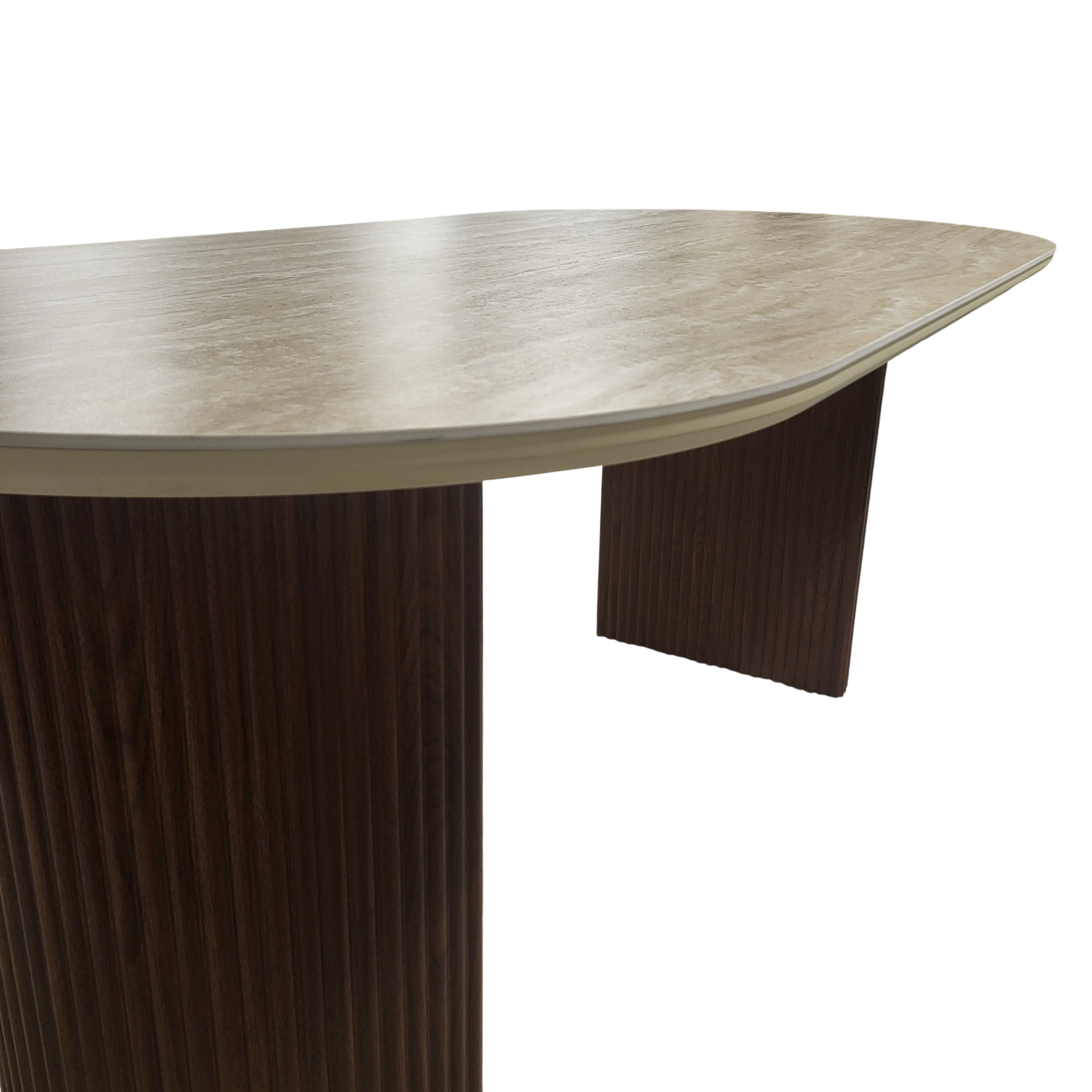 Table à manger CALYPSO plateau en céramique effet travertin - Pieds noyer sku 24.