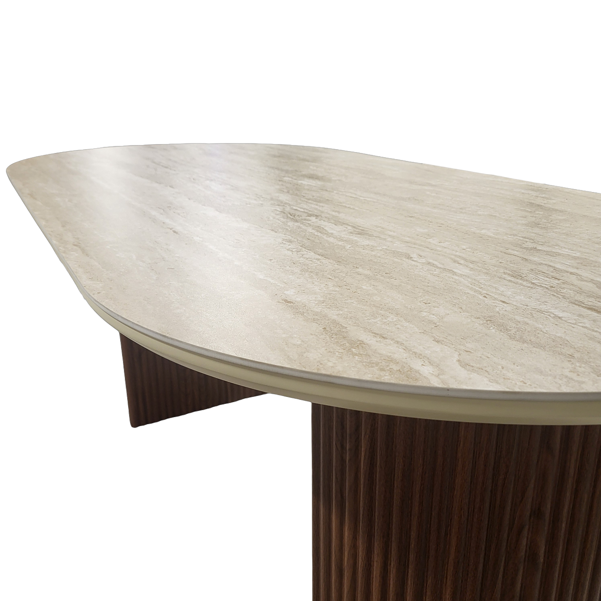 Table à manger CALYPSO plateau en céramique effet travertin - Pieds noyer sku 24.