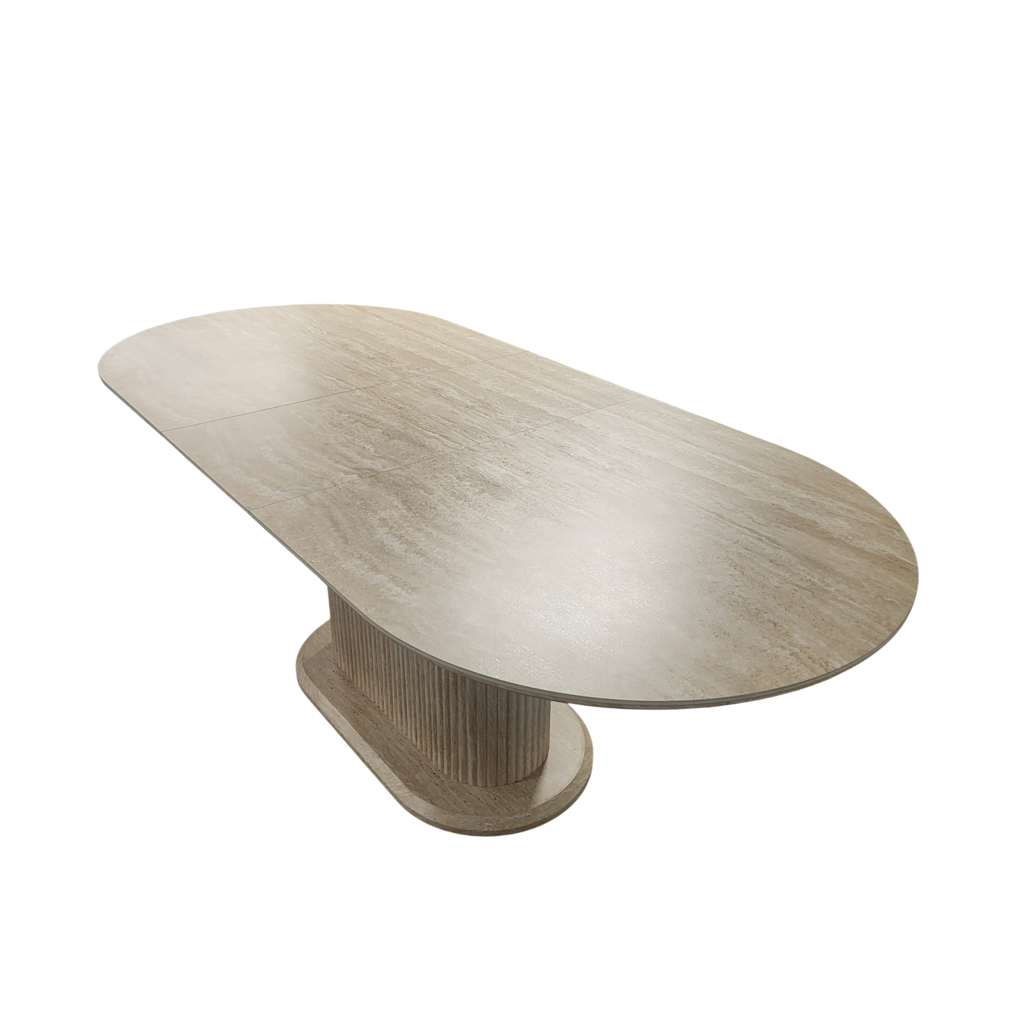 Table à manger rallonge VANESSA plateau céramique effet travertin - Pied central - 160 à 200 cm REF 21