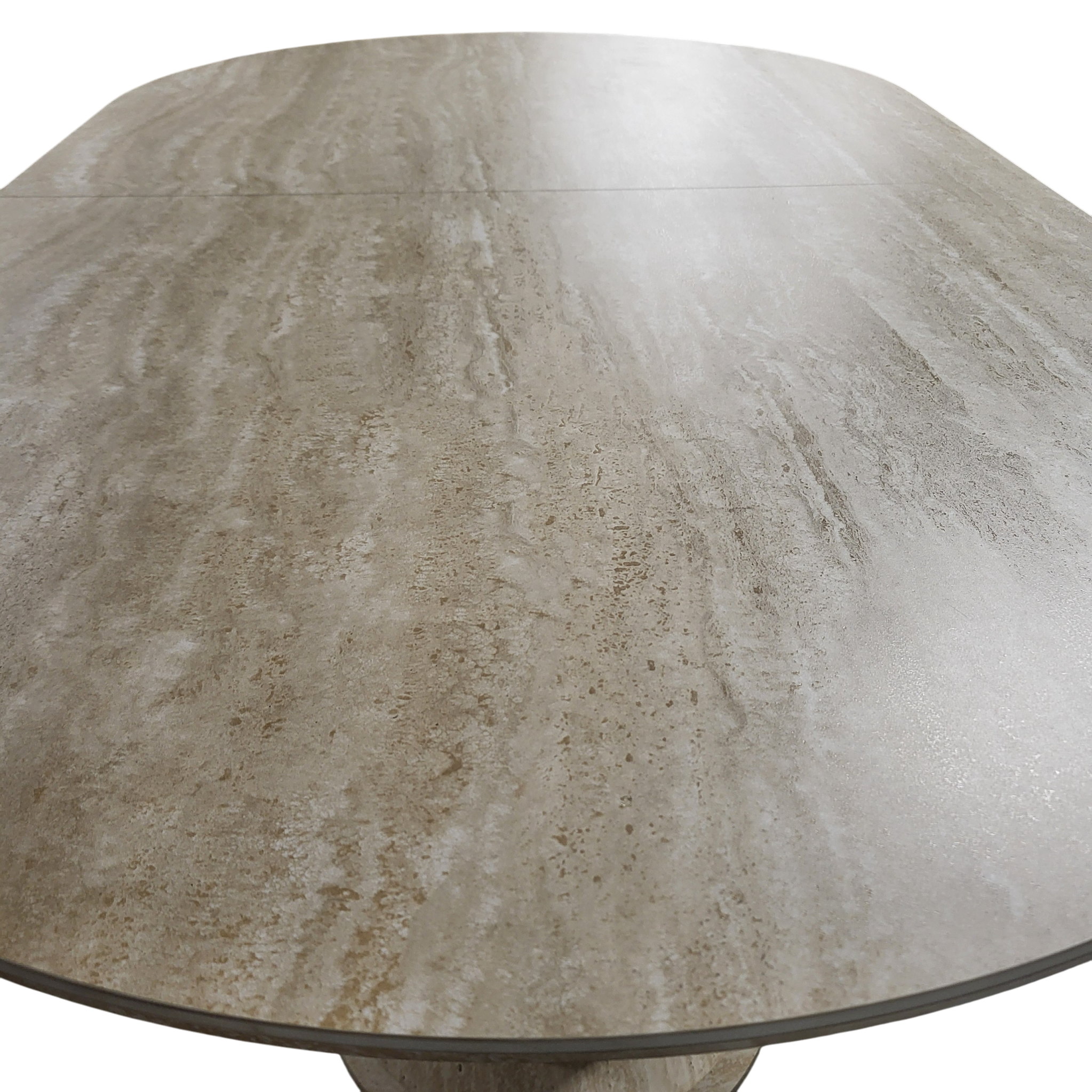 Table à manger rallonge VANESSA plateau céramique effet travertin - Pied central - 160 à 200 cm REF 21