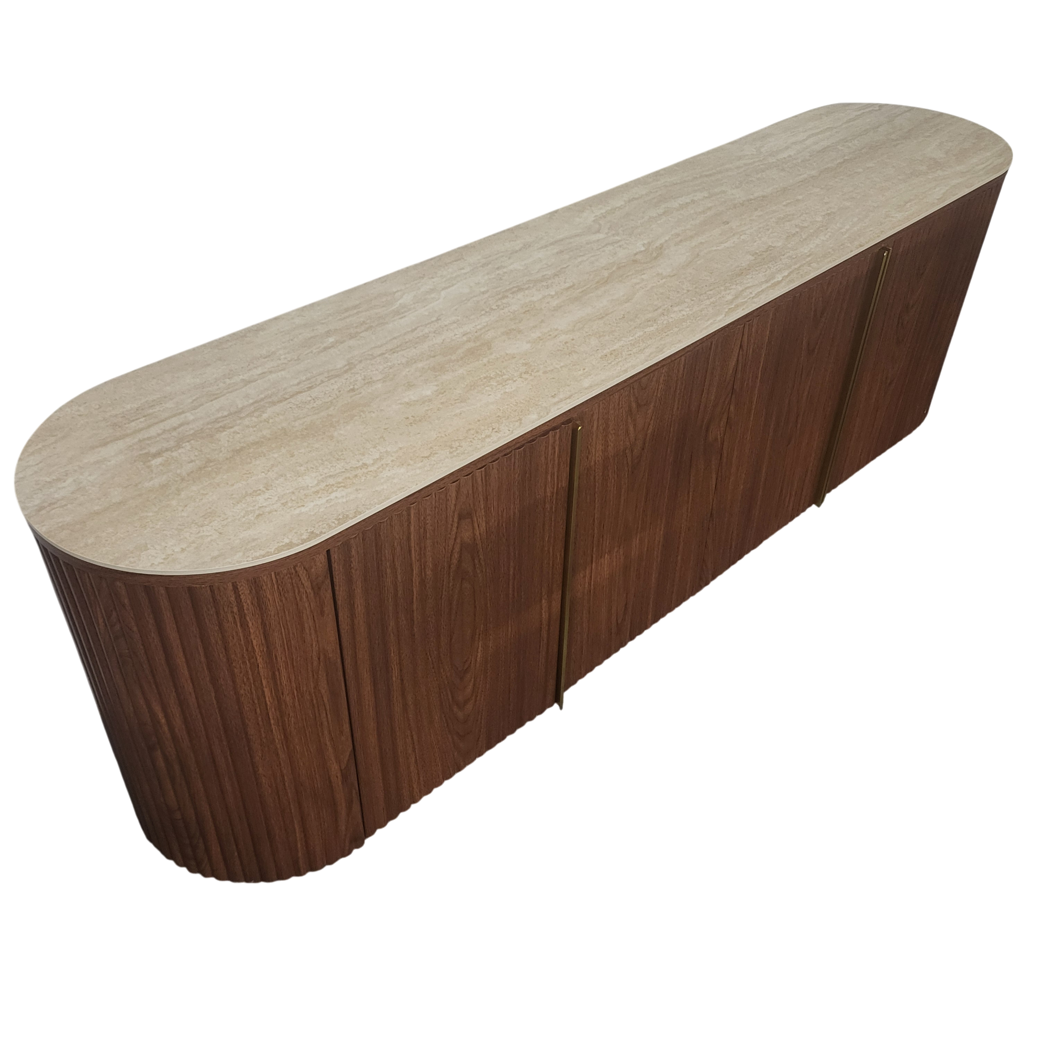 Meuble TV de rangement CALYPSO en noyer - Plateau en céramique effet travertin - 180 cm REF 56.