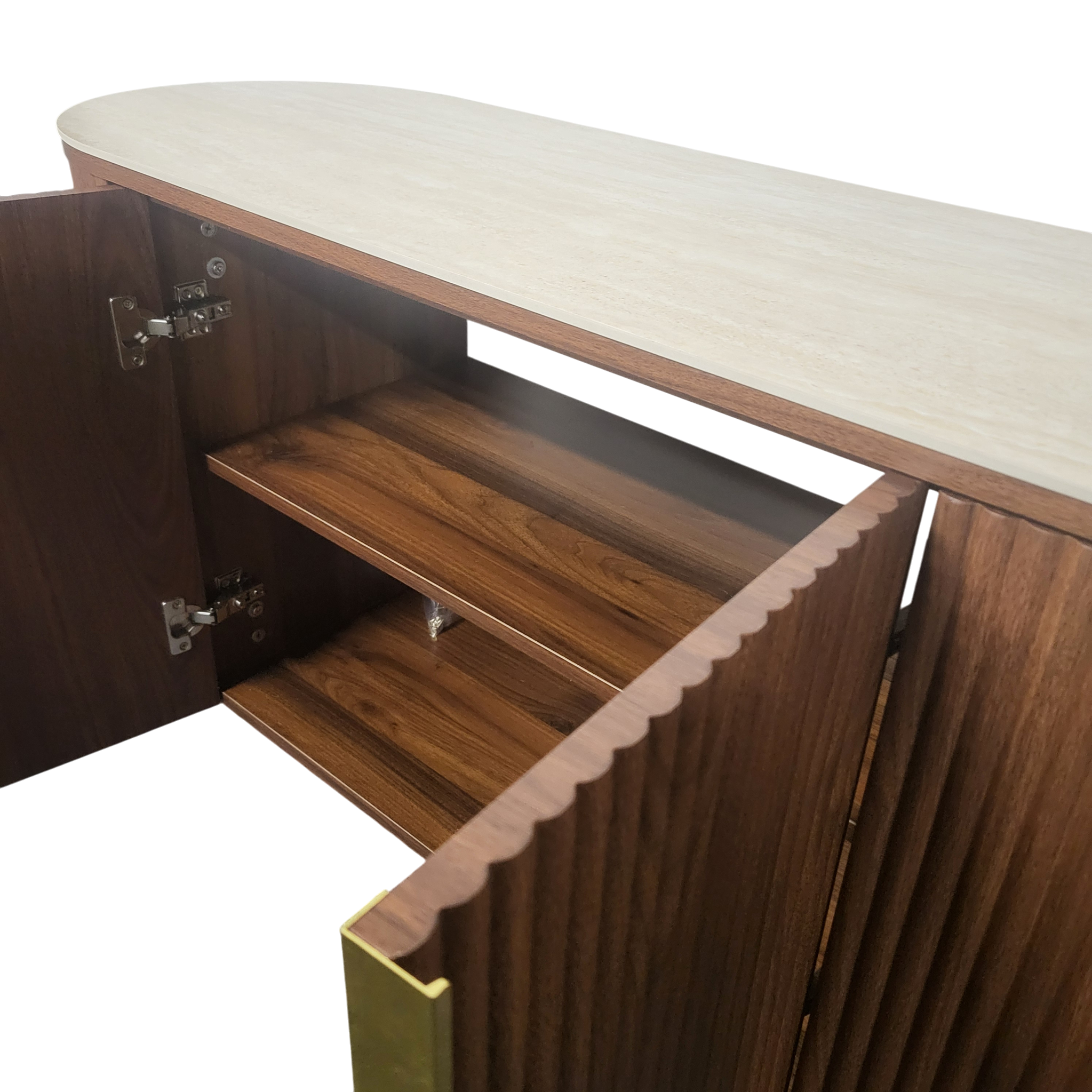 Meuble TV de rangement CALYPSO en noyer - Plateau en céramique effet travertin - 180 cm REF 56.
