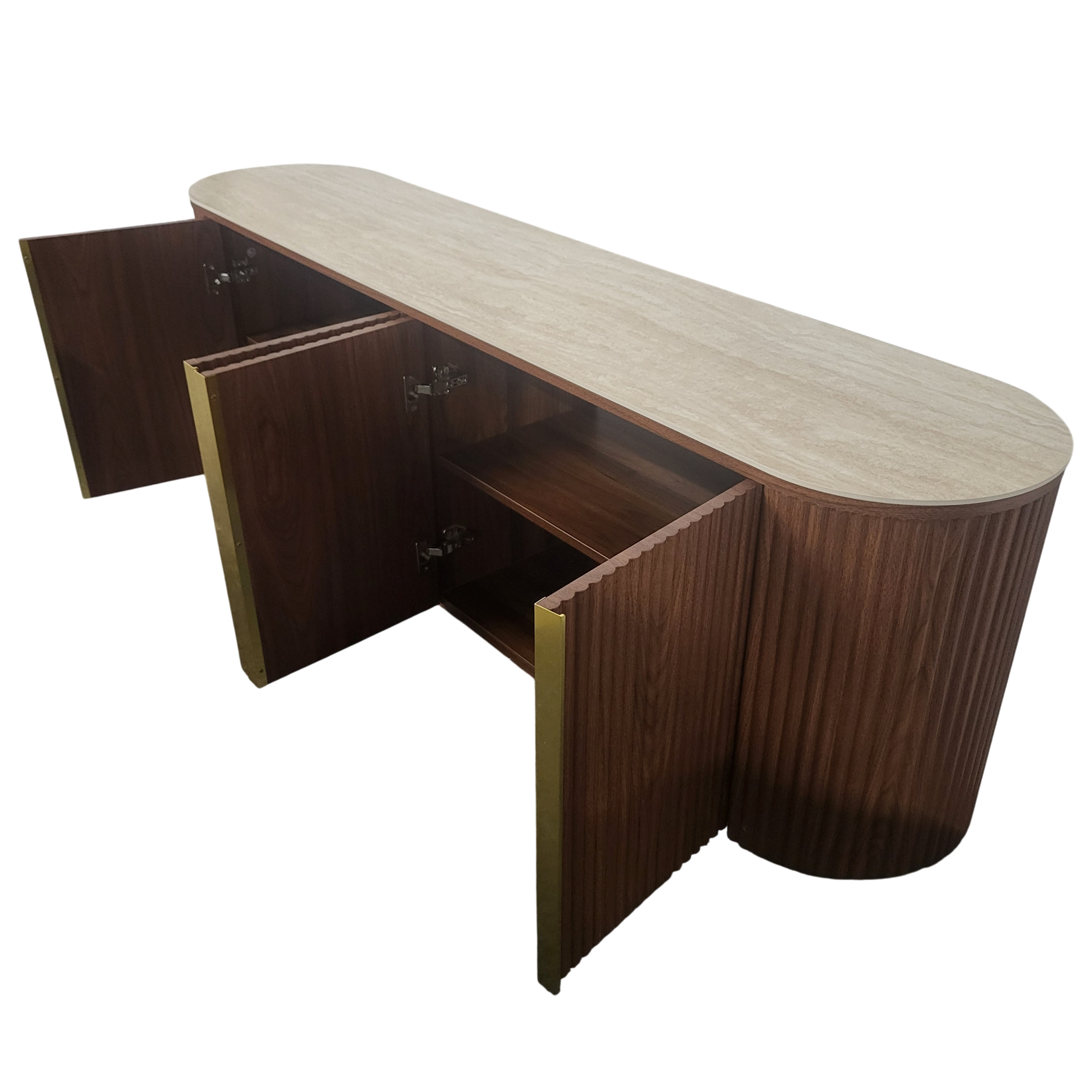 Meuble TV de rangement CALYPSO en noyer - Plateau en céramique effet travertin - 180 cm REF 56.