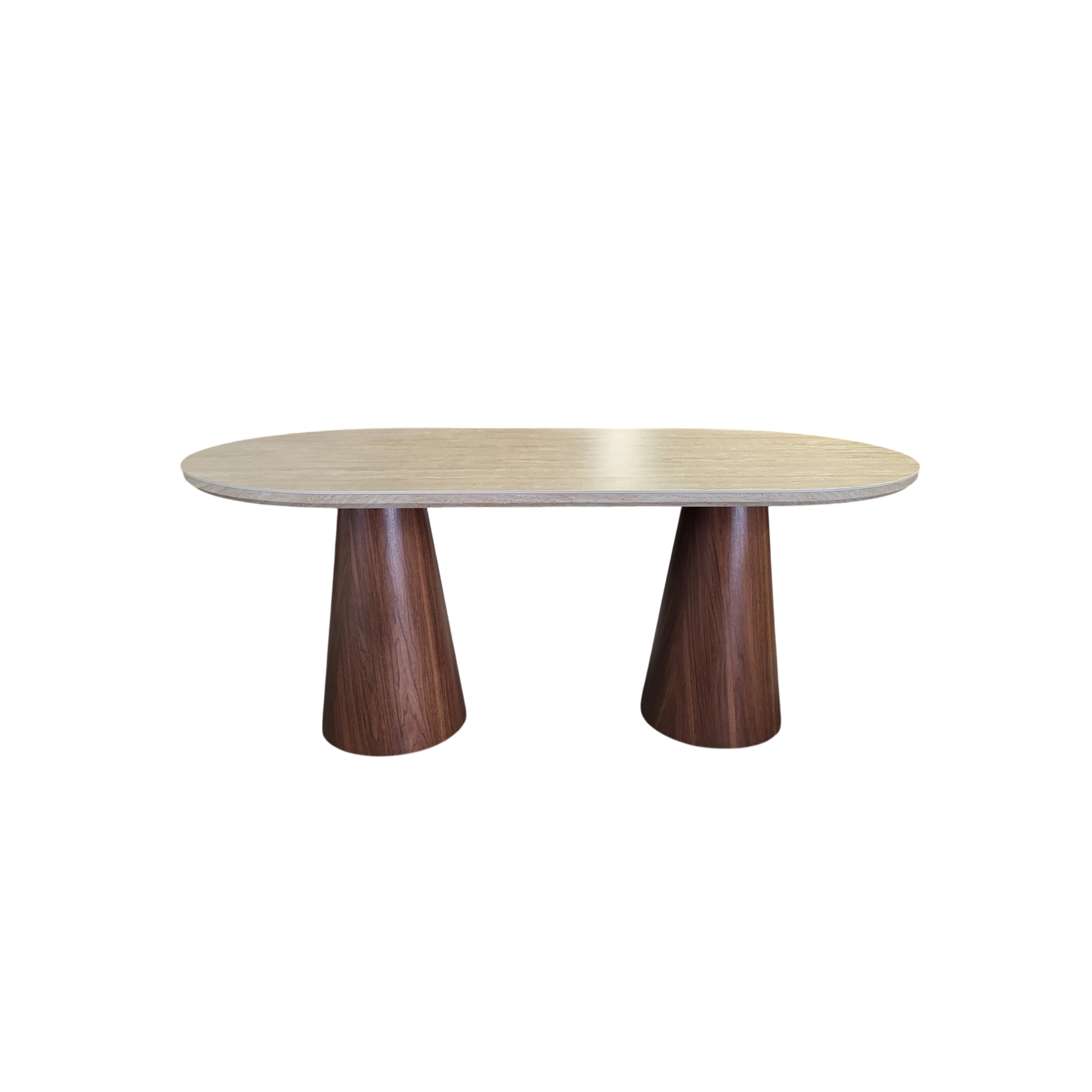 Table à manger ICONIC plateau en céramique effet travertin - Pieds noyer REF 63.