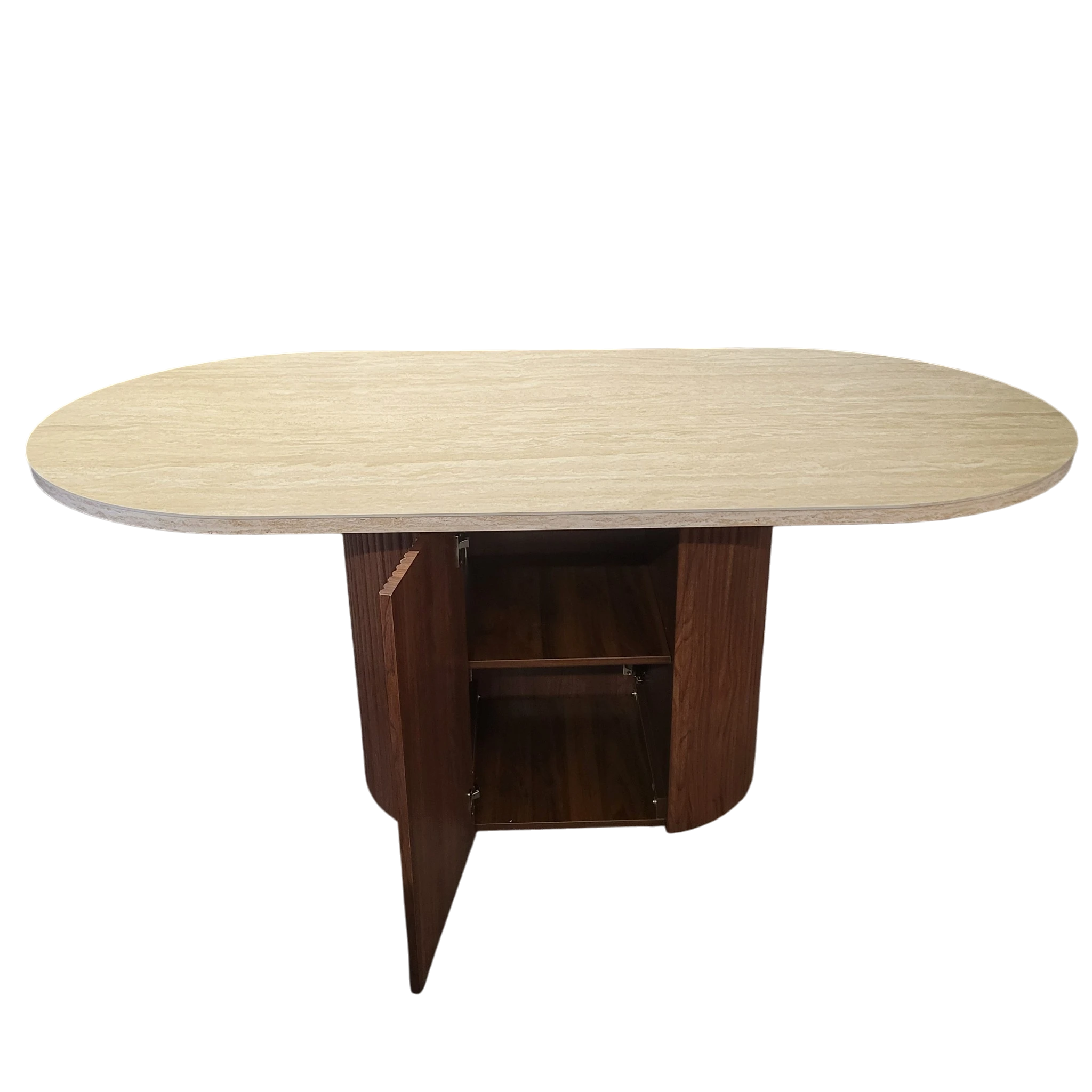 Table à manger PORTA - Plateau en travertin et pied noyer - 150 cm REF 205