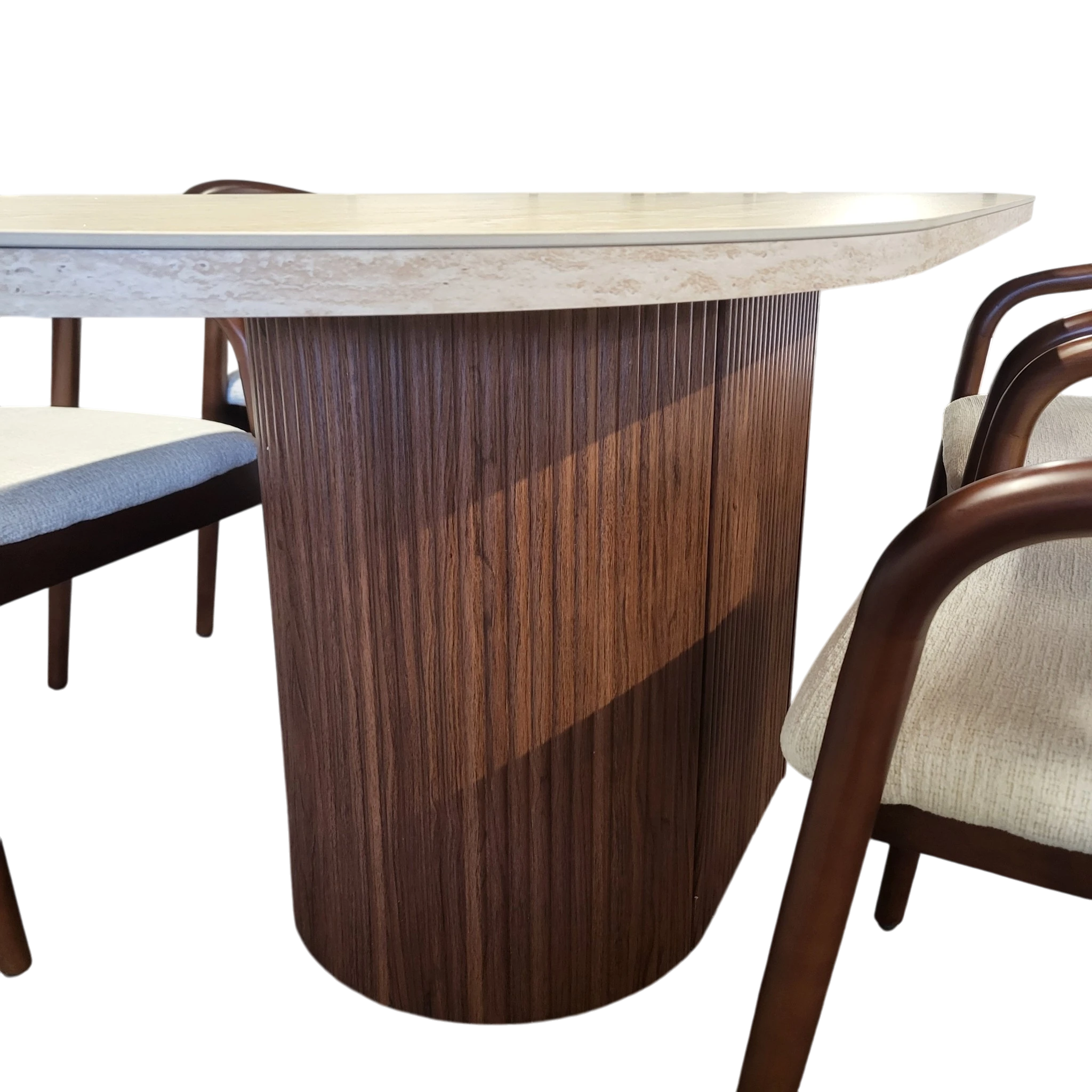 Table à manger PORTA - Plateau en travertin et pied noyer - 150 cm REF 205