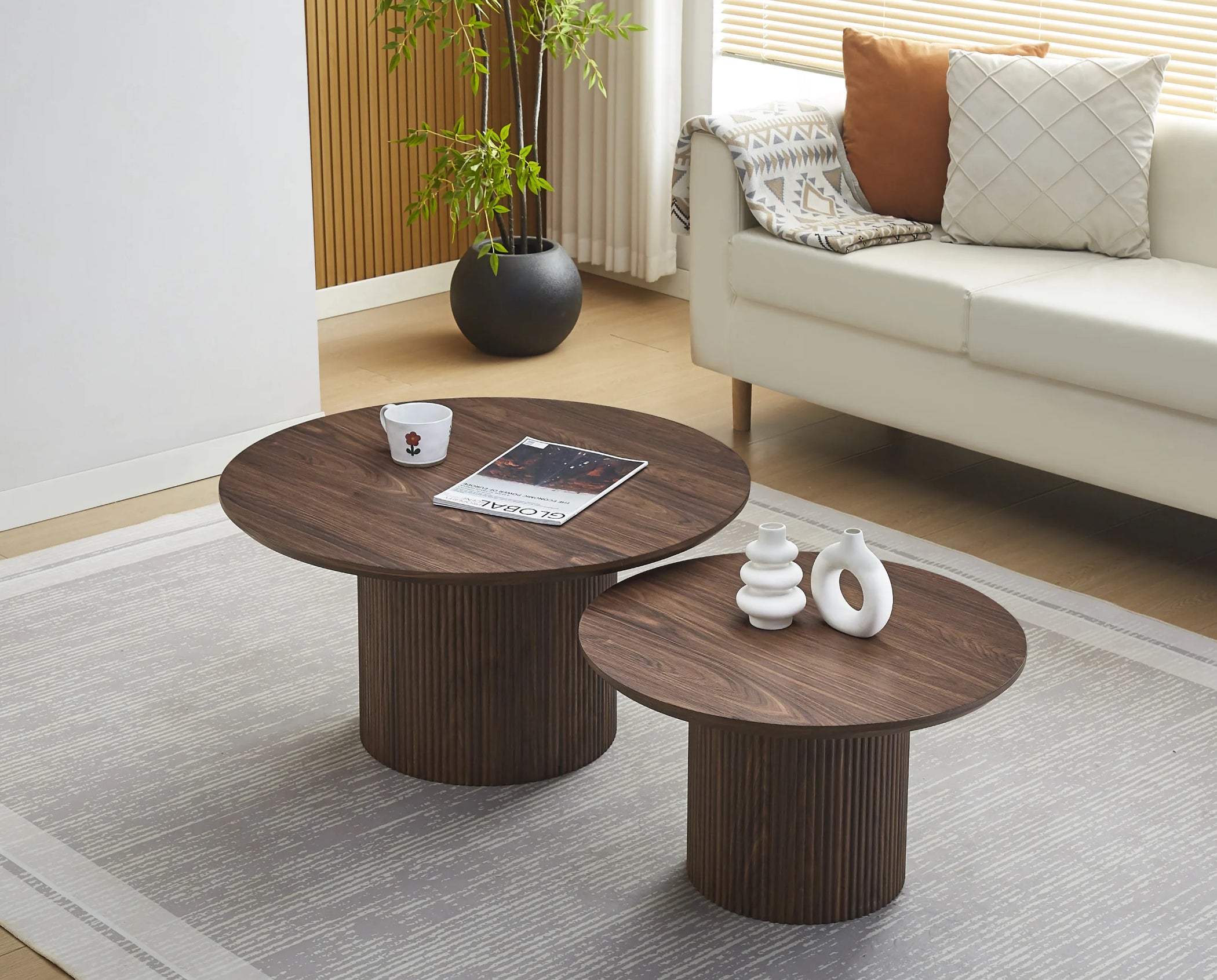 Table basse DUO MINALI - plateau et pieds effet noyer - REF 1039