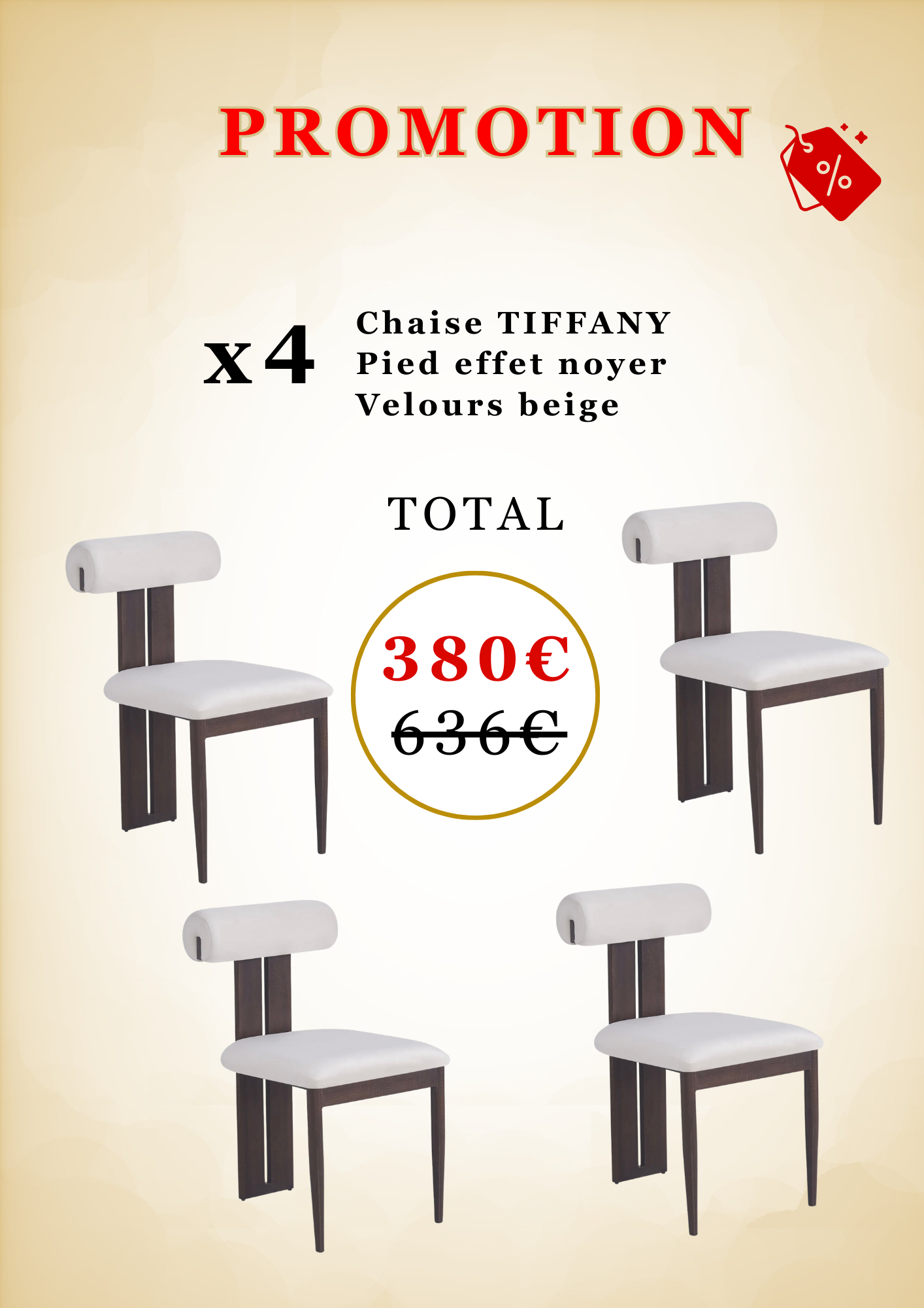 Lot de 4x Chaises TIFFANY velours beige - Pied effet noyer