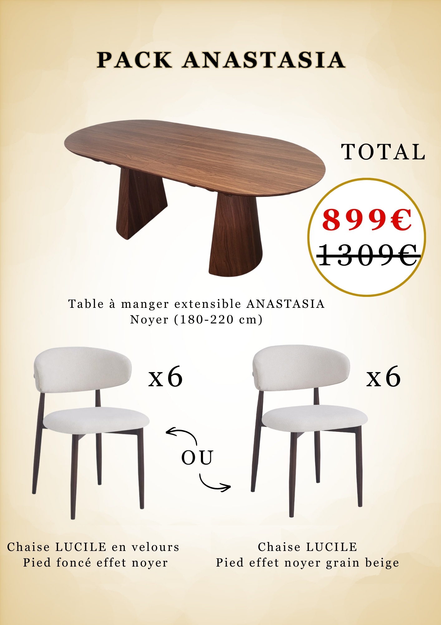 Table à manger ANASTASIA + 6x Chaises LUCILE - Pied effet noyer grain beige