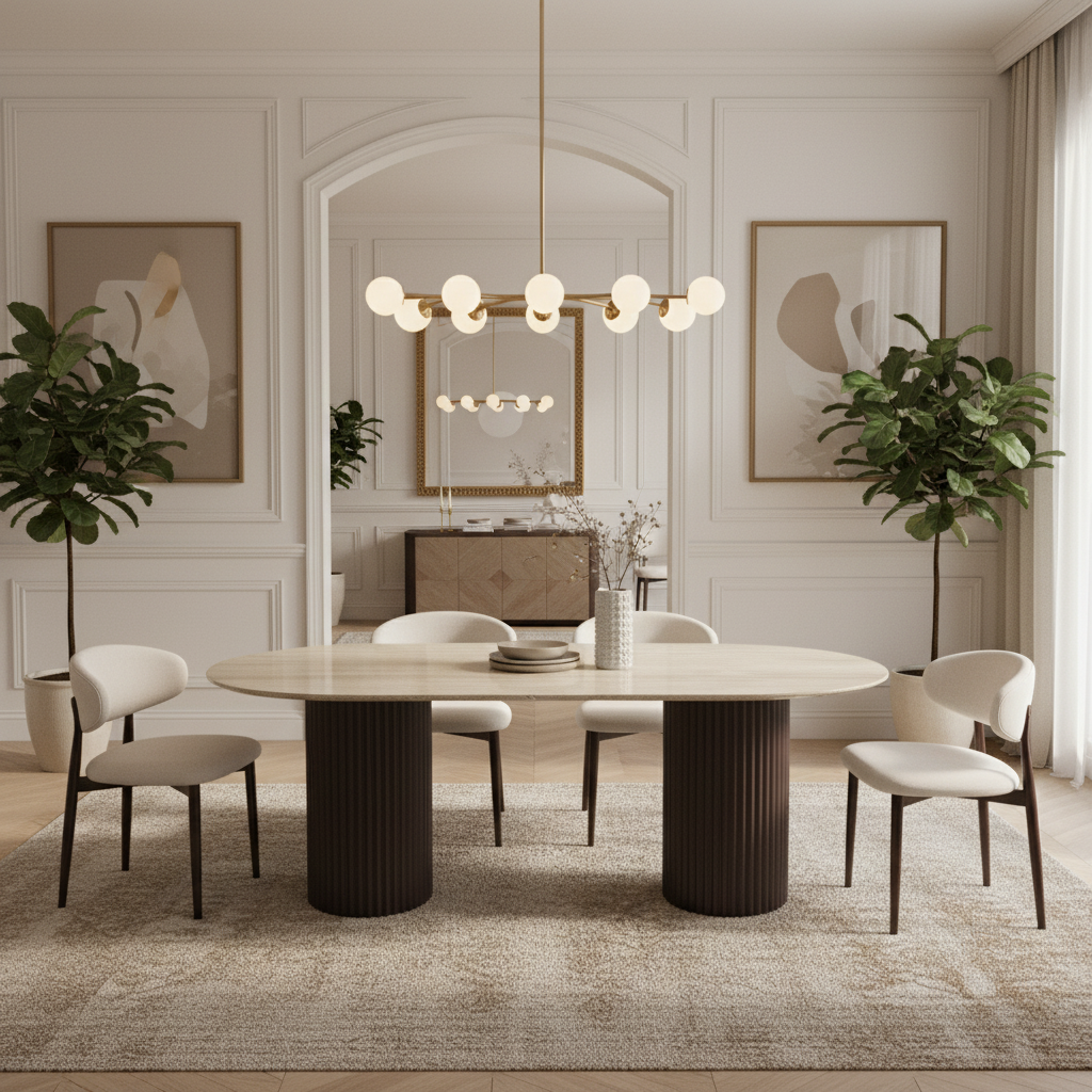 Table à manger Keysha – Pieds travertin & plateau céramique mat 180 cm SKU 105