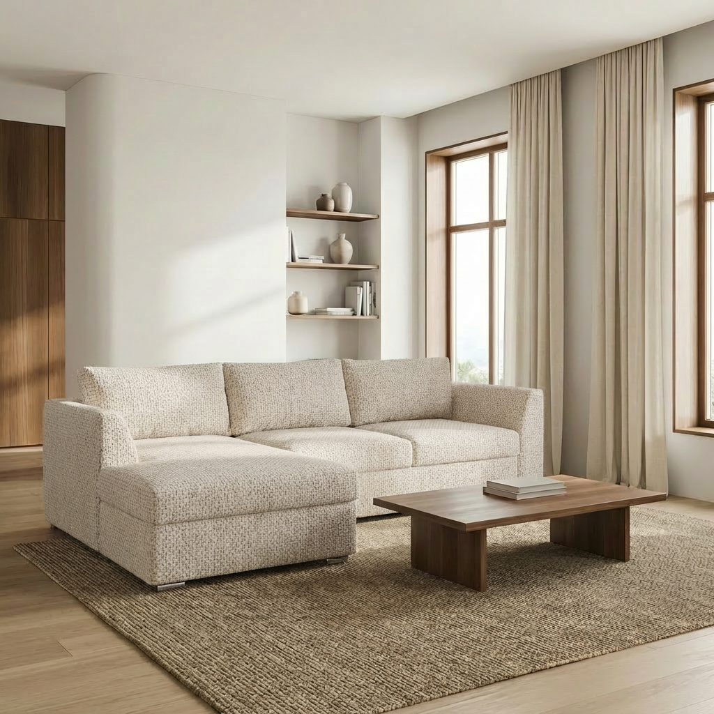 Canapé convertible TOSKANA avec coffre de rangement - Tissu texturé beige (Aragon3)