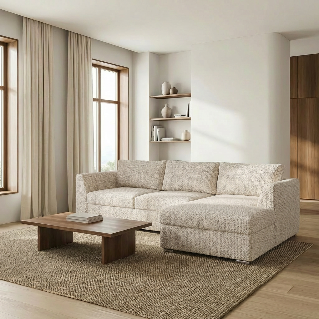 Canapé convertible TOSKANA avec coffre de rangement - Tissu texturé beige (Aragon3)