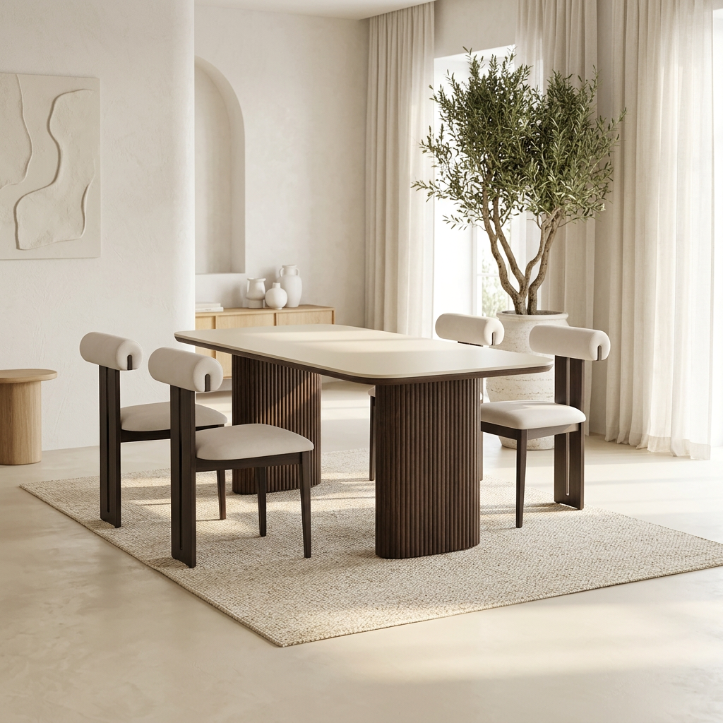 Table à manger rectangle LUNA en céramique - 180cm - Pied noyer plateau ceramic 10mm blanc cassé- REF 1009