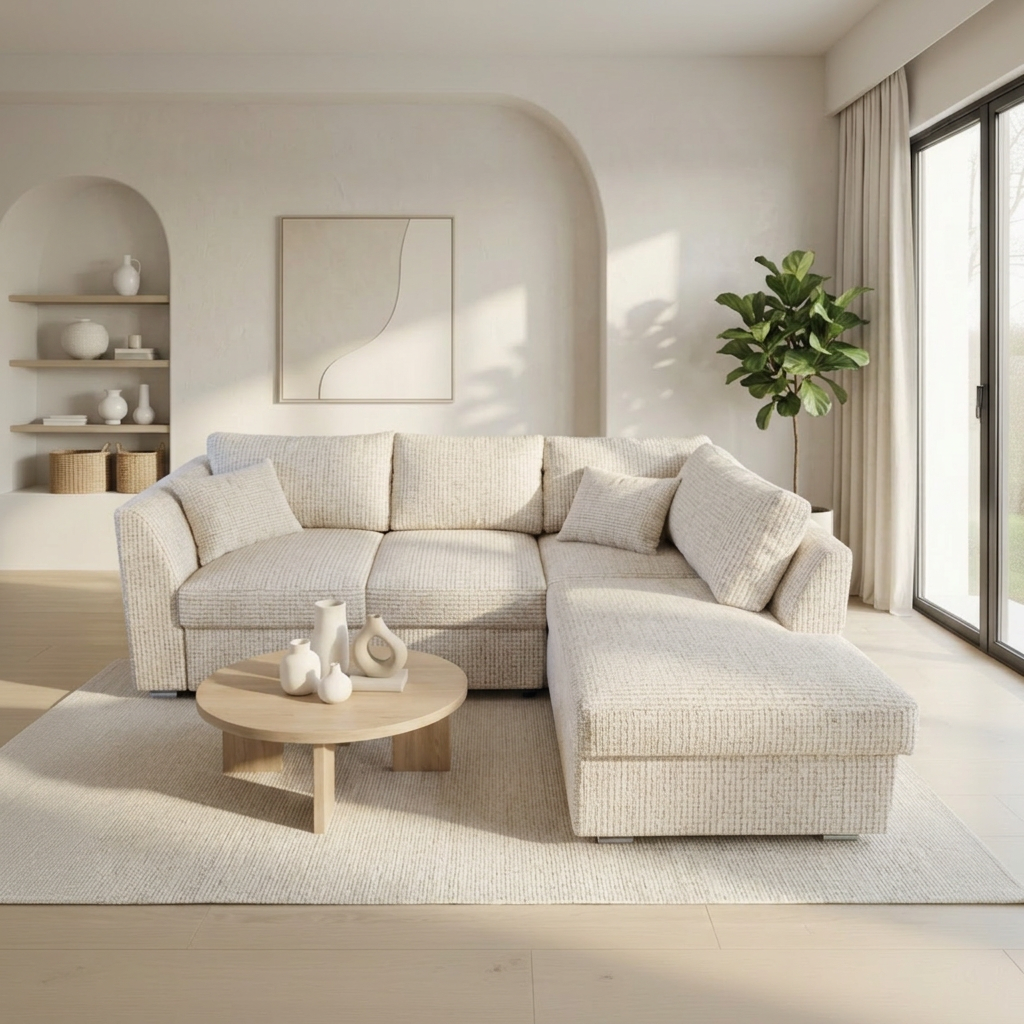 Canapé d'angle TOSKANA convertible avec coffre de rangement - Tissu CREMONA 02