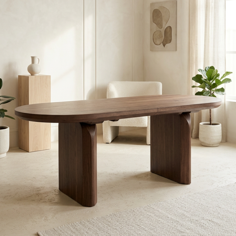 Table à manger avec son plateau et ses pieds en effet noyer dans un salon lumineux vue lateral gauche
