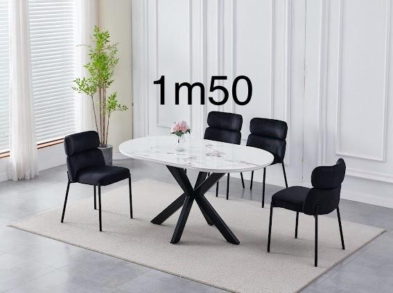 Table à manger OPHELIA marbre blanc et gris - Pied croisé noir - 150 cm REF 4.