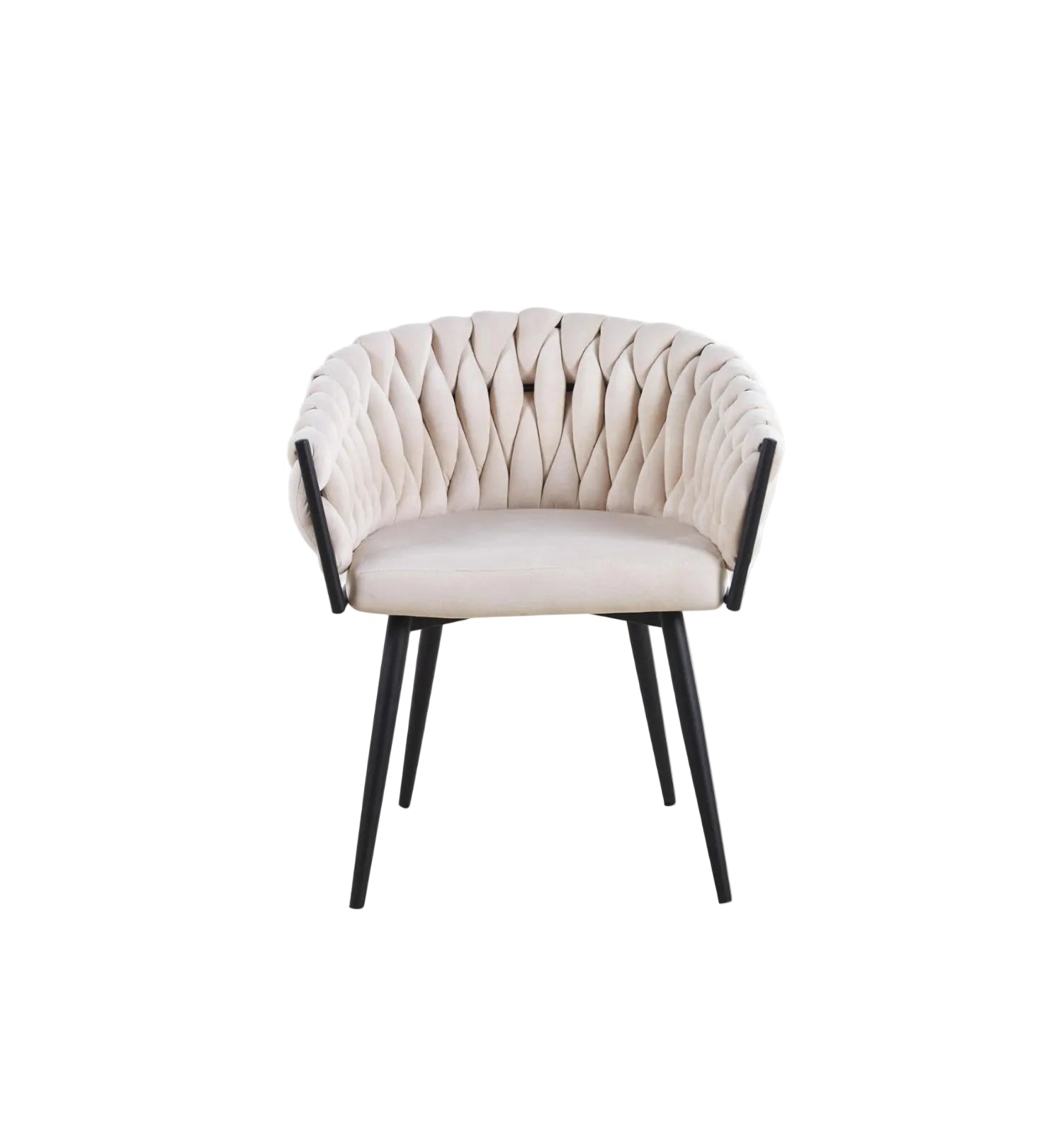 Chaise tressée avec accoudoirs - Velours beige et pieds métal noir REF 113