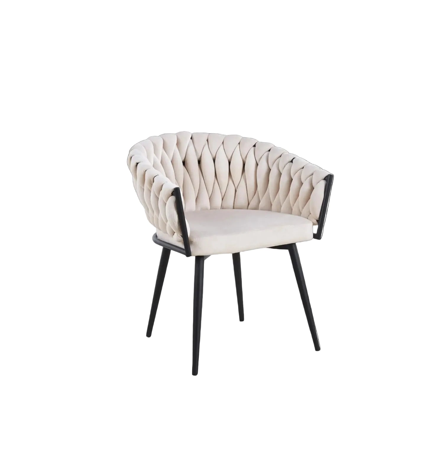 Chaise tressée avec accoudoirs - Velours beige et pieds métal noir REF 113