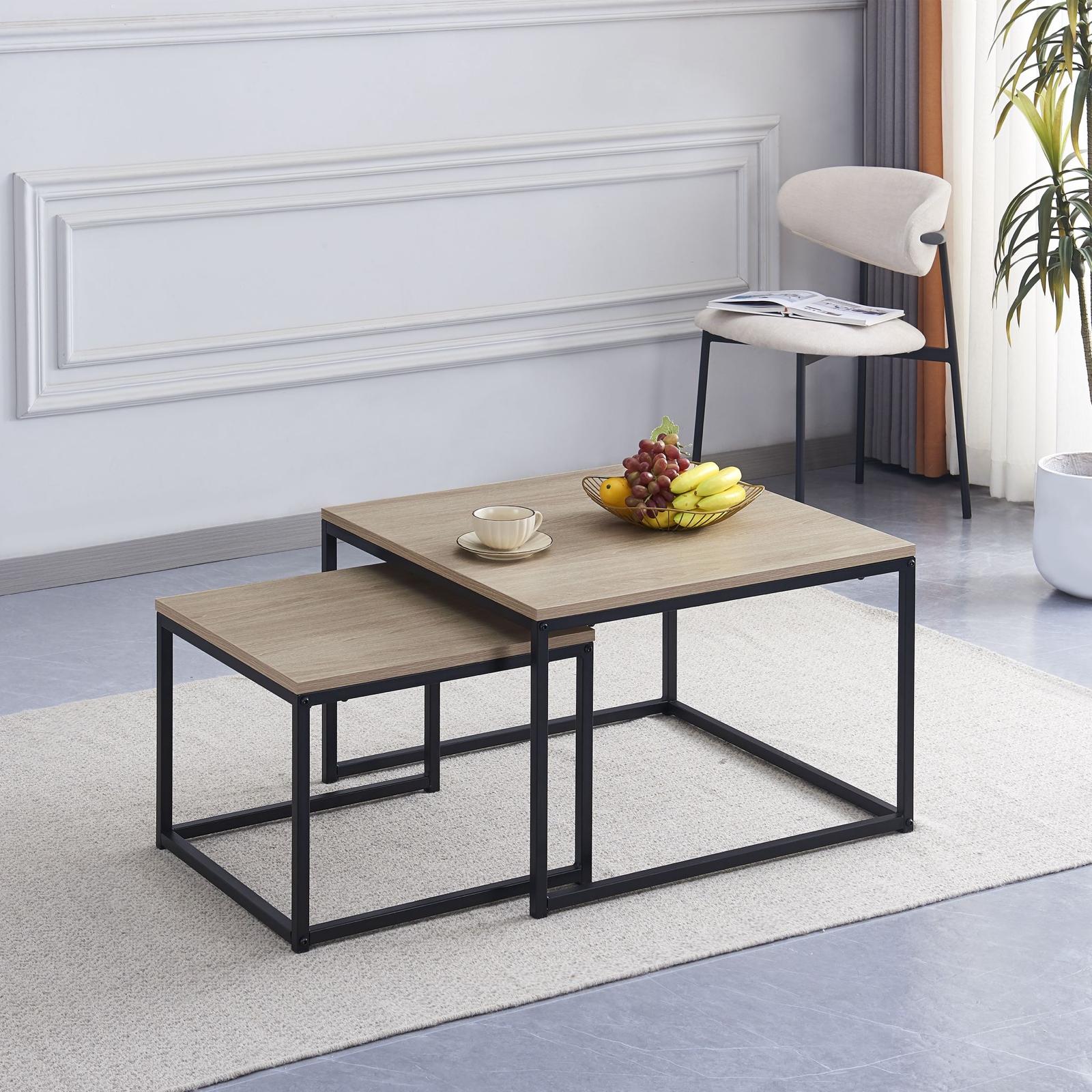 Lot de 2 tables basses BELGRADE - Métal noir et plateau chêne griffe REF 118.