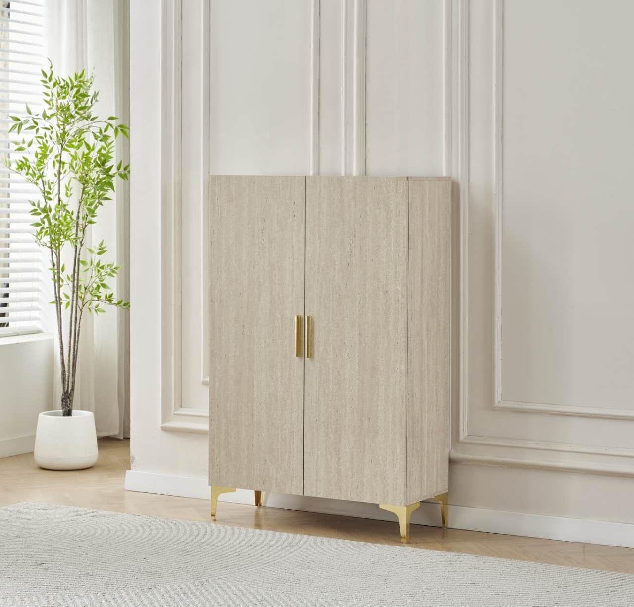 MEUBLE À CHAUSSURES 2 PORTES – Finition bois clair & piètement doré SKU 54