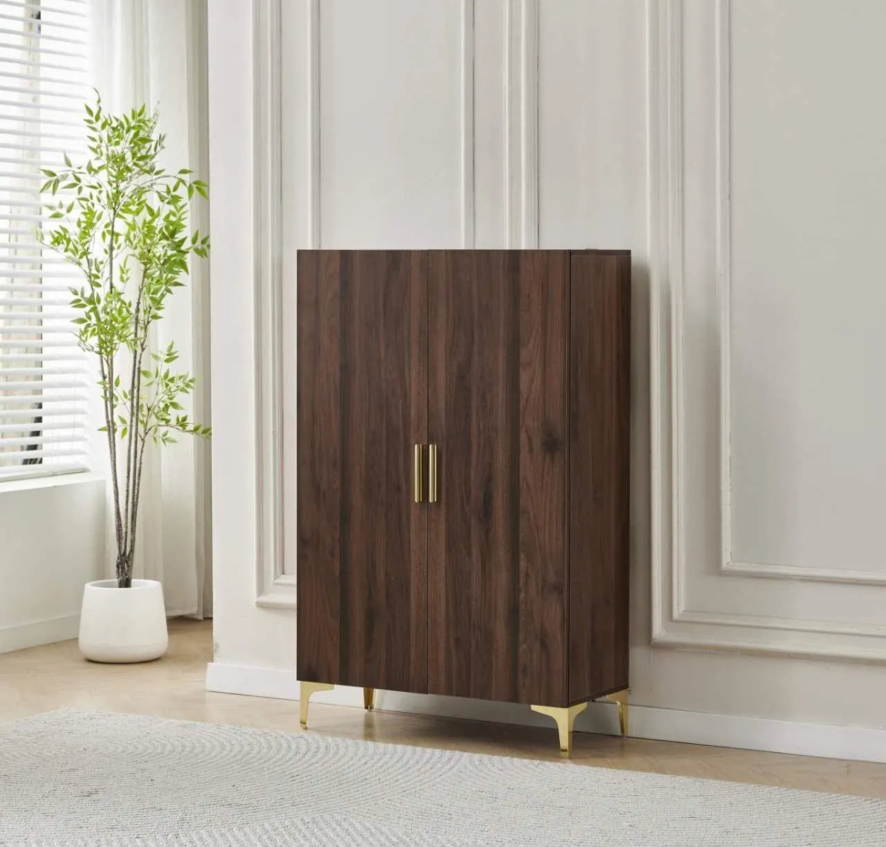 MEUBLE À CHAUSSURES 2 PORTES – Finition noyer & détails dorés SKU 55