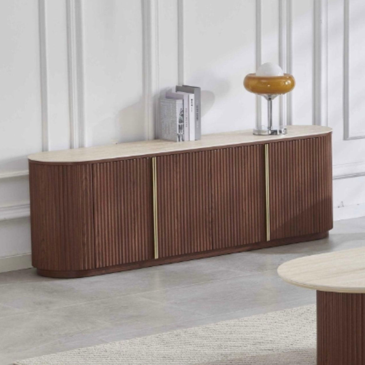 Meuble TV de rangement CALYPSO en noyer - Plateau en céramique effet travertin - 180 cm REF 56.