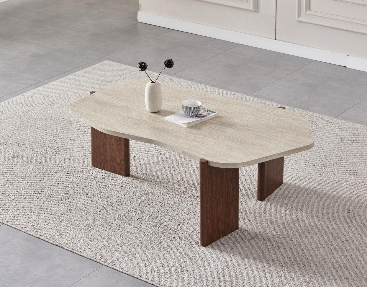 Table basse ZORA effet travertin - pieds noyer REF 75.