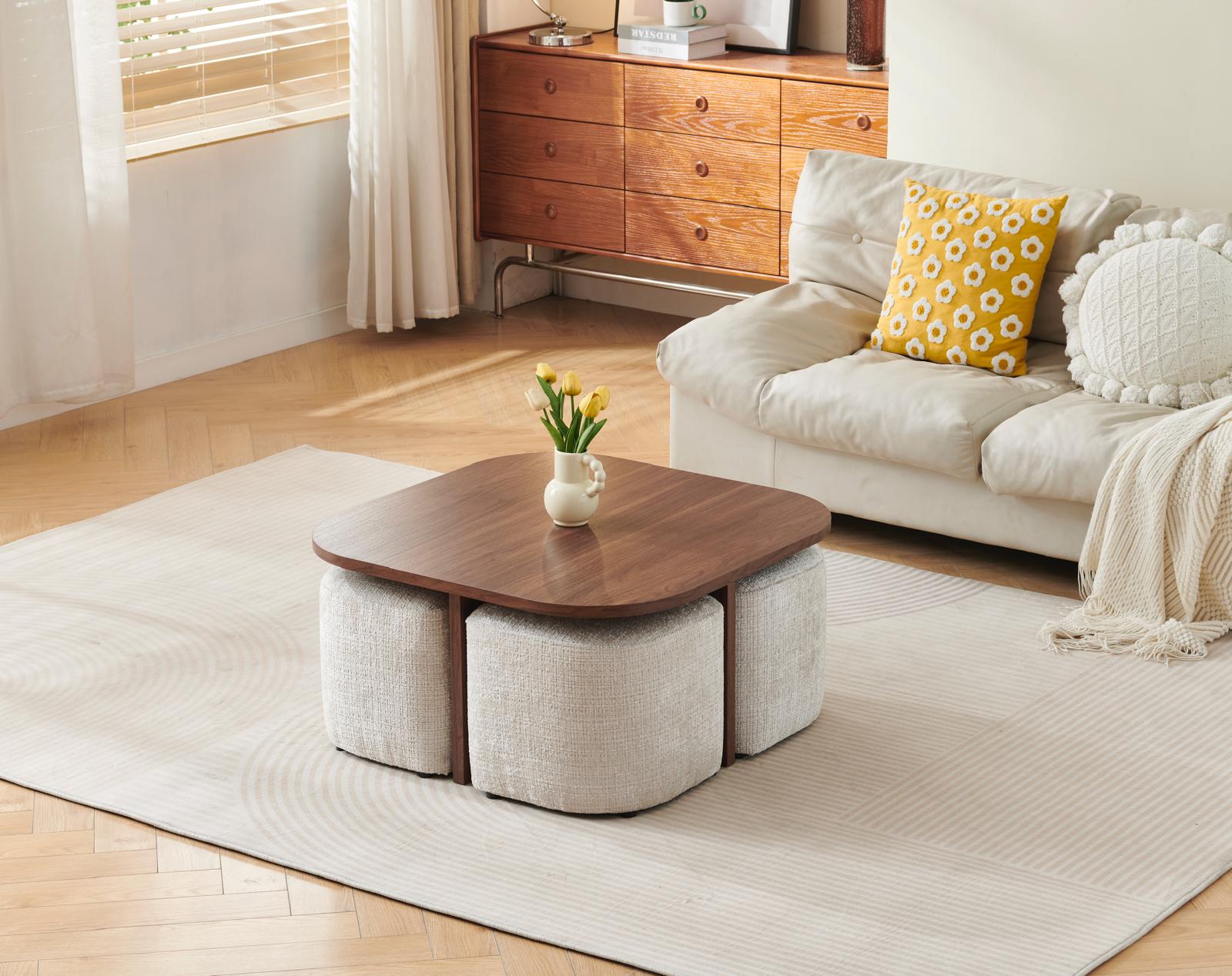 Table basse MARBELLA – Finition noyer avec poufs sku 89.