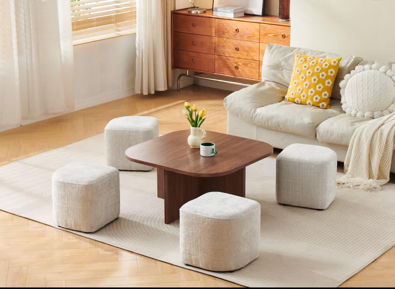 Table basse MARBELLA – Finition noyer avec poufs REF 89.