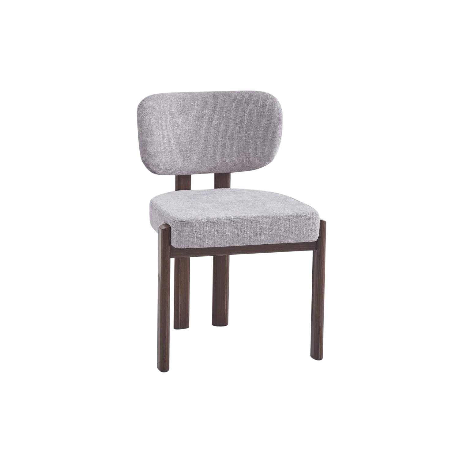 Chaise BAGUETTE en tissu chenille gris clair avec pieds effet noyer vue de trois quarts