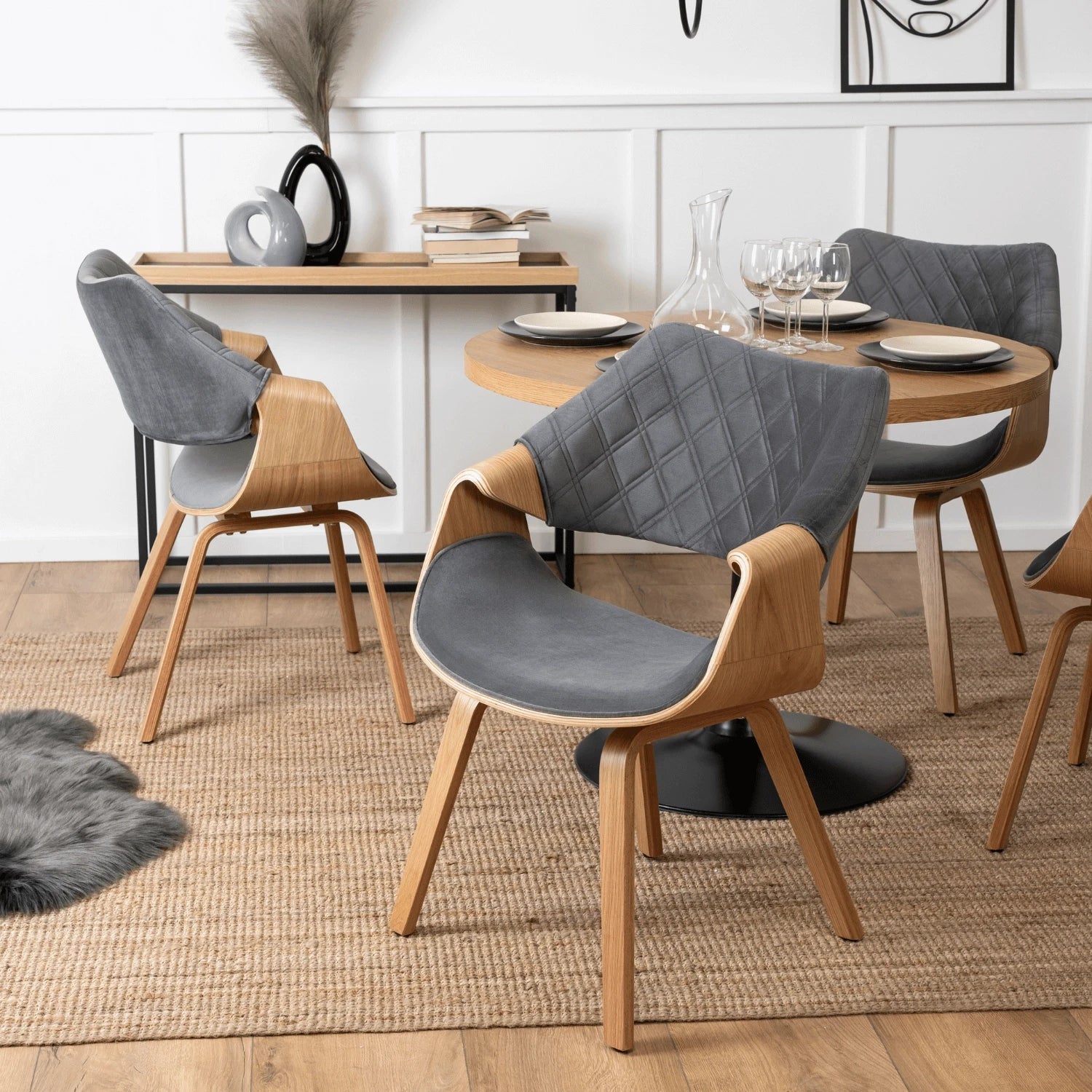 Chaise LUISE velours gris - Pieds chêne doré REF 3029