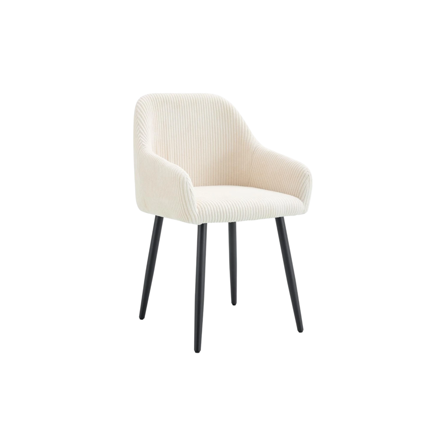 Chaise PEACH avec accoudoirs en tissu côtelé beige et pieds en métal noir vue de trois quarts avant
