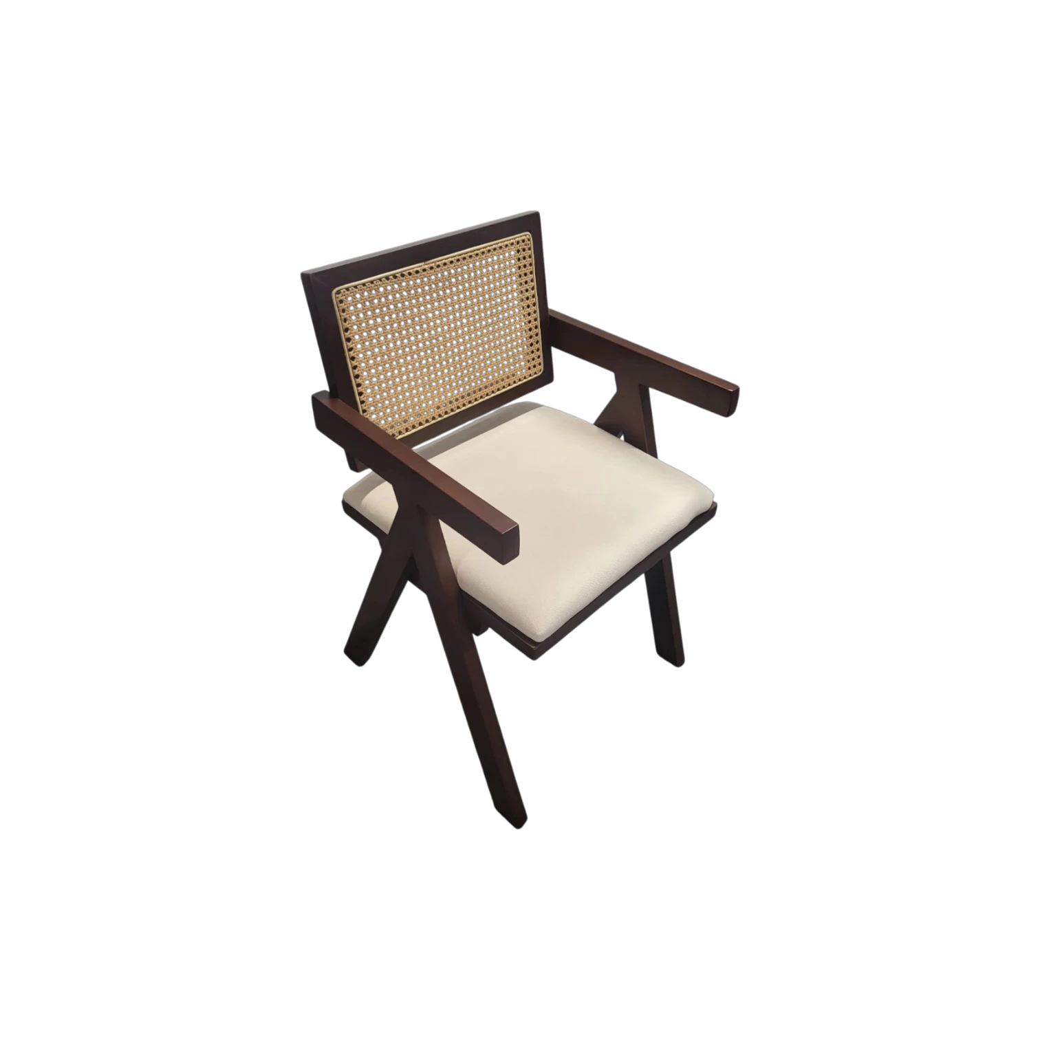 Chaise ROTINA noyer avec dossier en cannage naturel et assise en chenille écrue vue de face