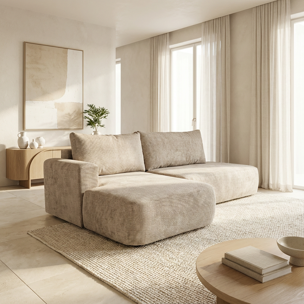Canapé convertible avec coffre de rangement - COMO - Tissu chenille taupe