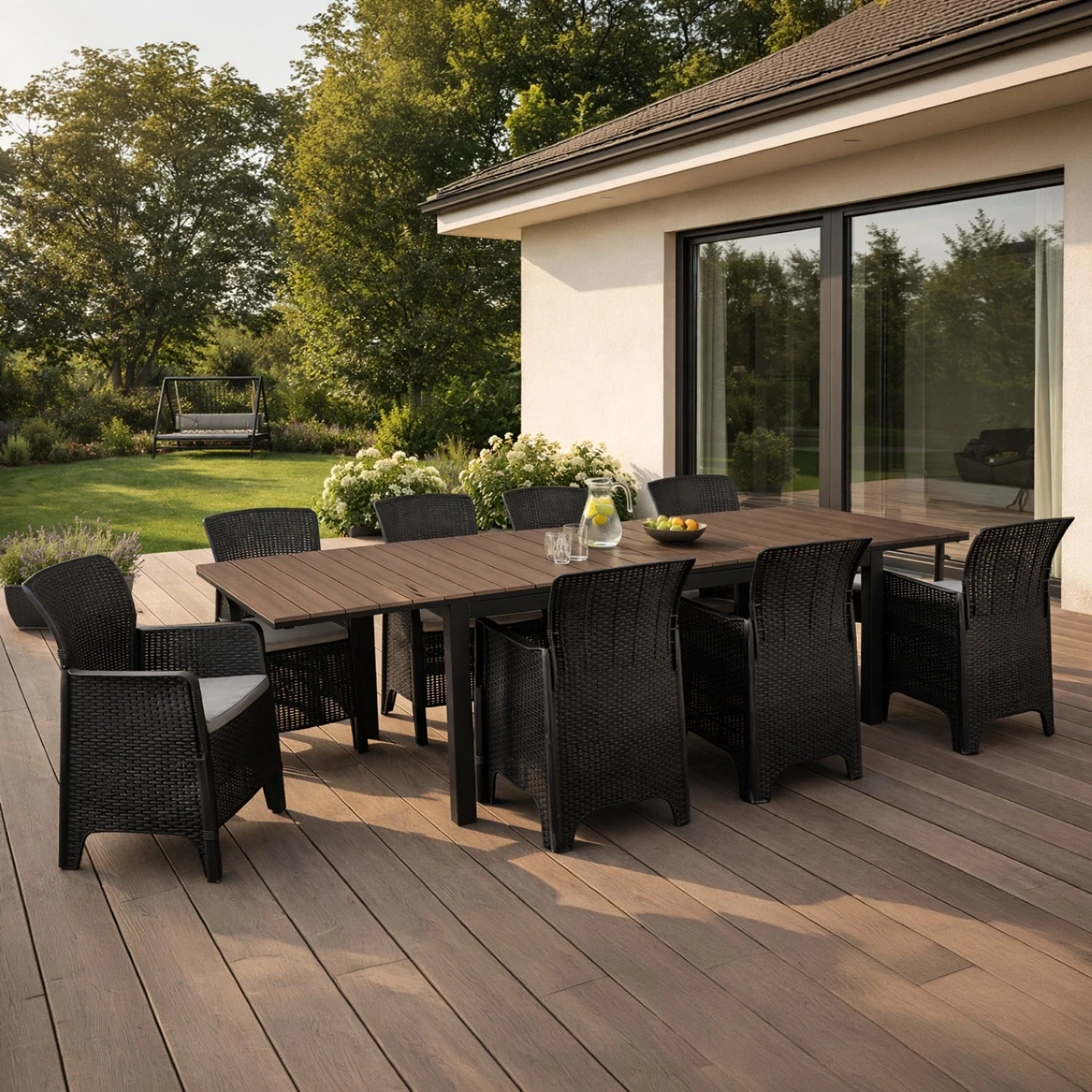 Ensemble de jardin ARGOS avec table extensible 160–260 cm effet noyer et 8 fauteuils FRESNO noirs SKU 3045