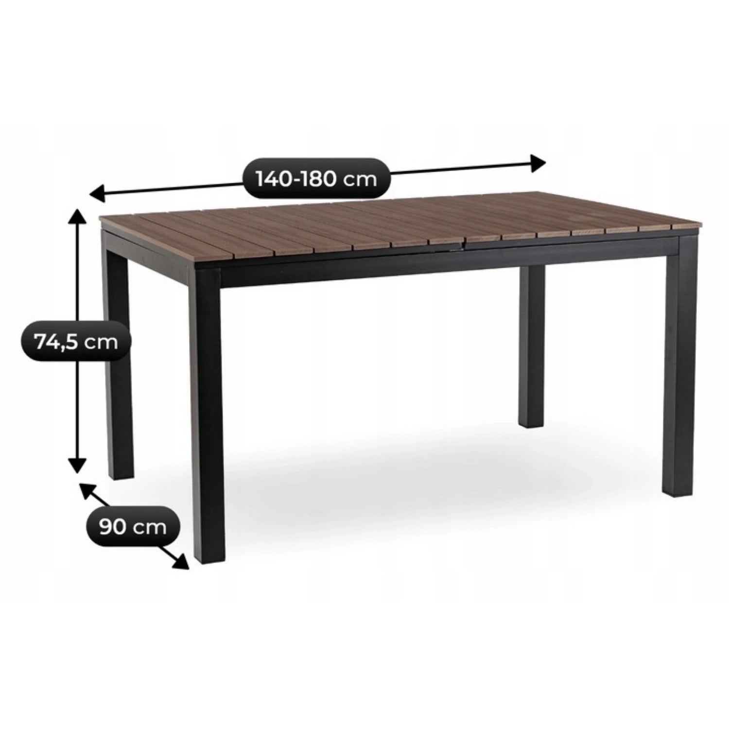 Ensemble de jardin ARGOS avec table extensible 160–260 cm effet noyer et 8 fauteuils FRESNO noirs SKU 3045