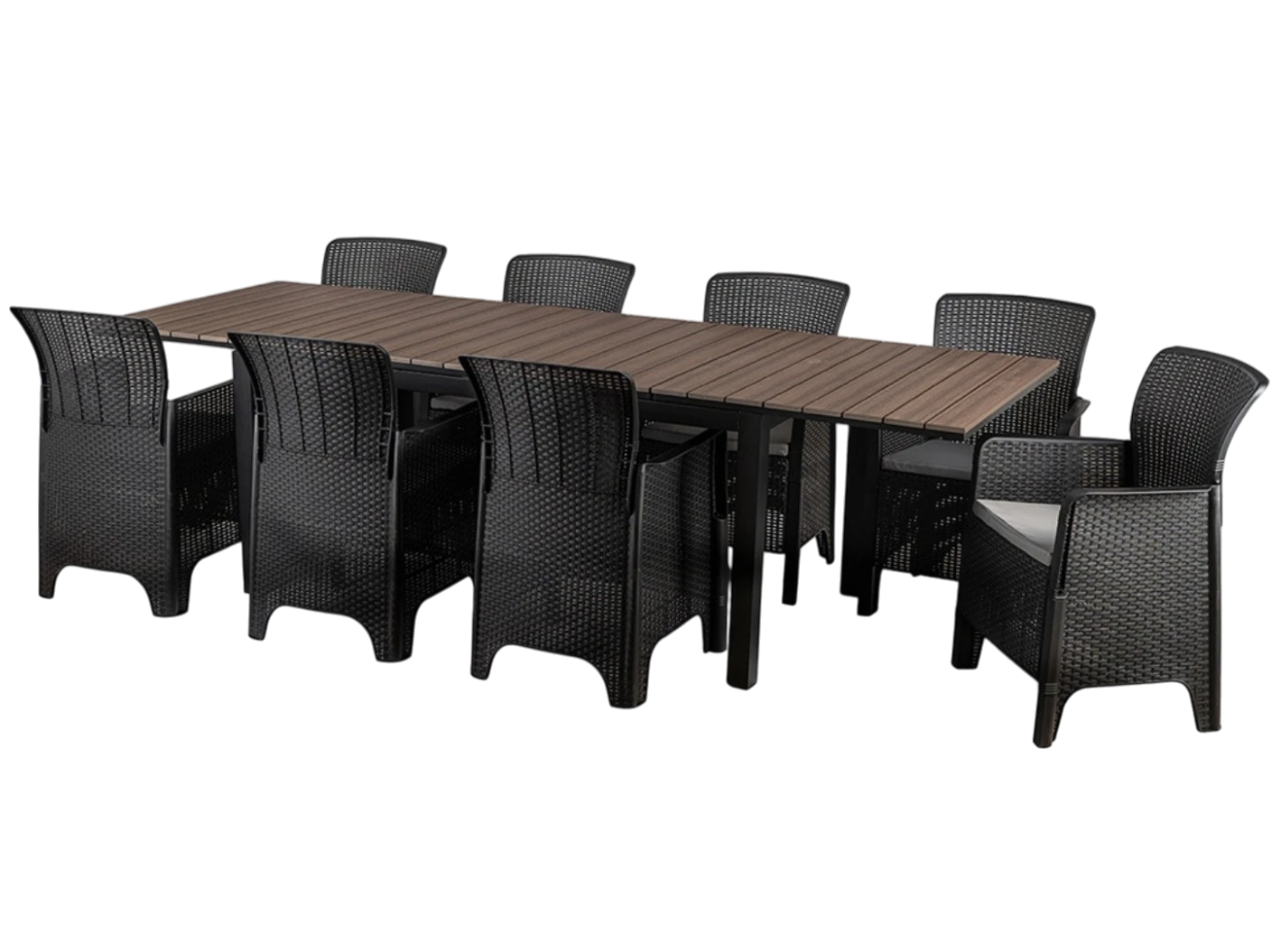 Ensemble de jardin ARGOS avec table extensible 160–260 cm effet noyer et 8 fauteuils FRESNO noirs SKU 3045