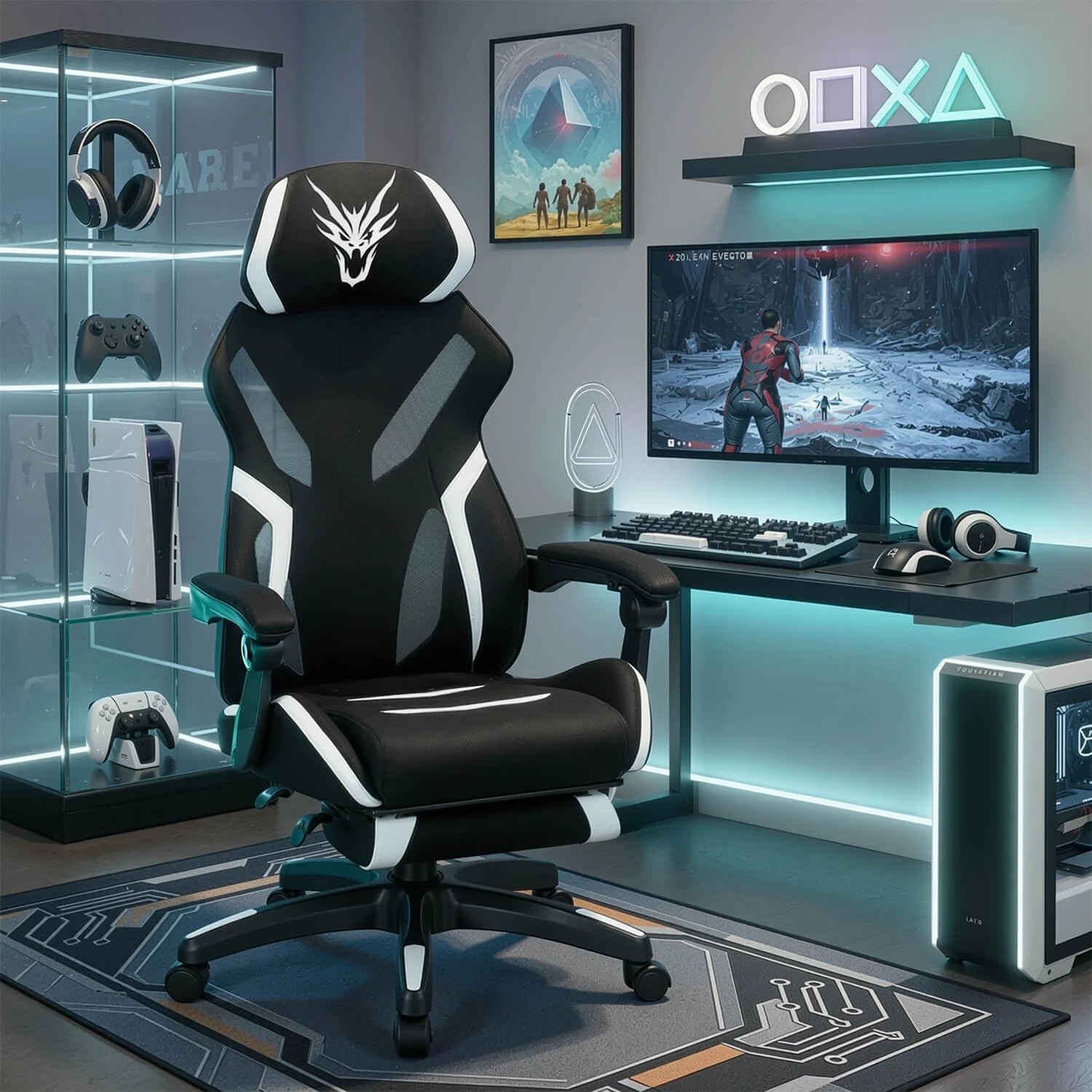 Fauteuil gaming pivotant MAXIMO noir et blanc avec repose-pieds REF 3013