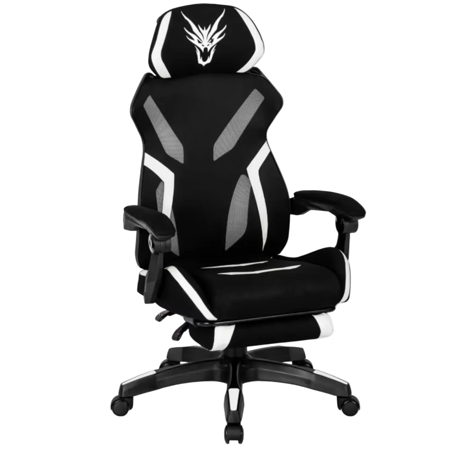 Fauteuil gaming pivotant MAXIMO noir et blanc avec repose-pieds REF 3013