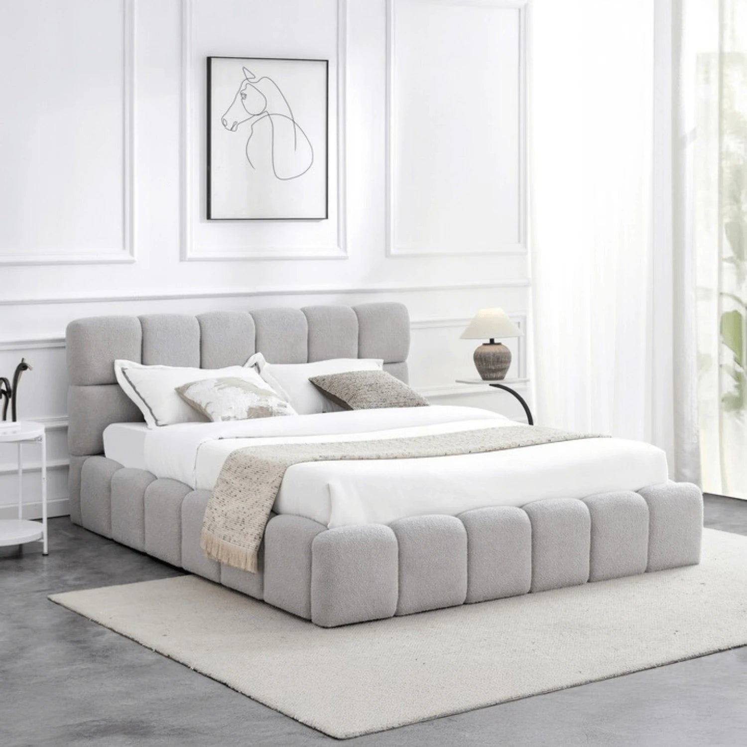 Lit MURCIA avec coffre teddy - Tissu bouclé gris 160x200 cm REF 3007