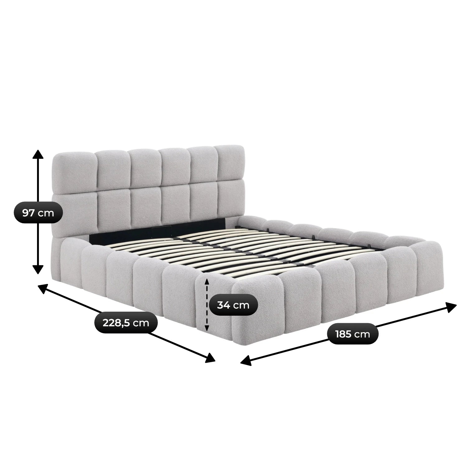 Lit MURCIA avec coffre teddy - Tissu bouclé gris 160x200 cm REF 3007