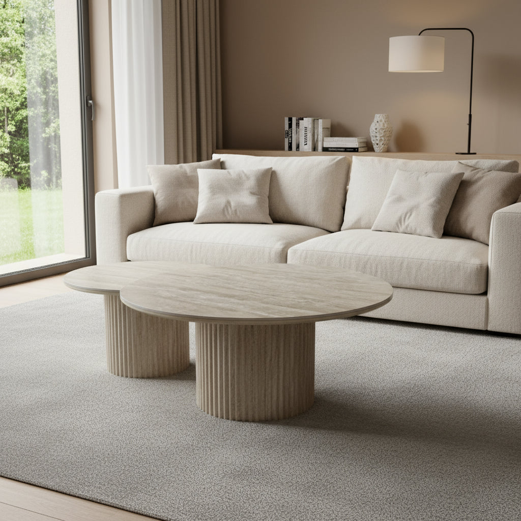 Table Basse Gigogne Duo Pila en Céramique Effet Travertin – Design Moderne et Fonctionnel SKU 32