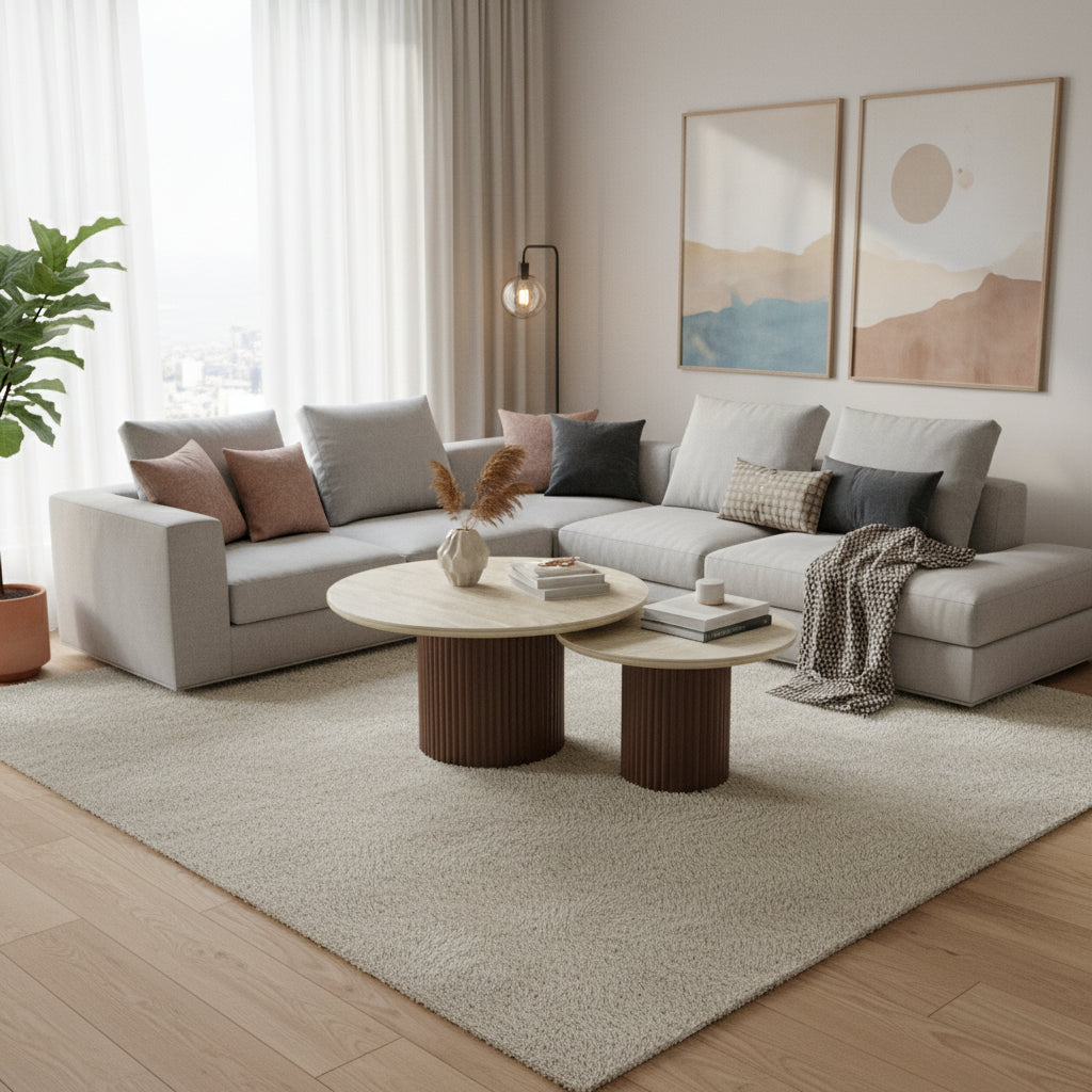 Table basse gigogne duo Pila en noyer et travertin céramique SKU 26