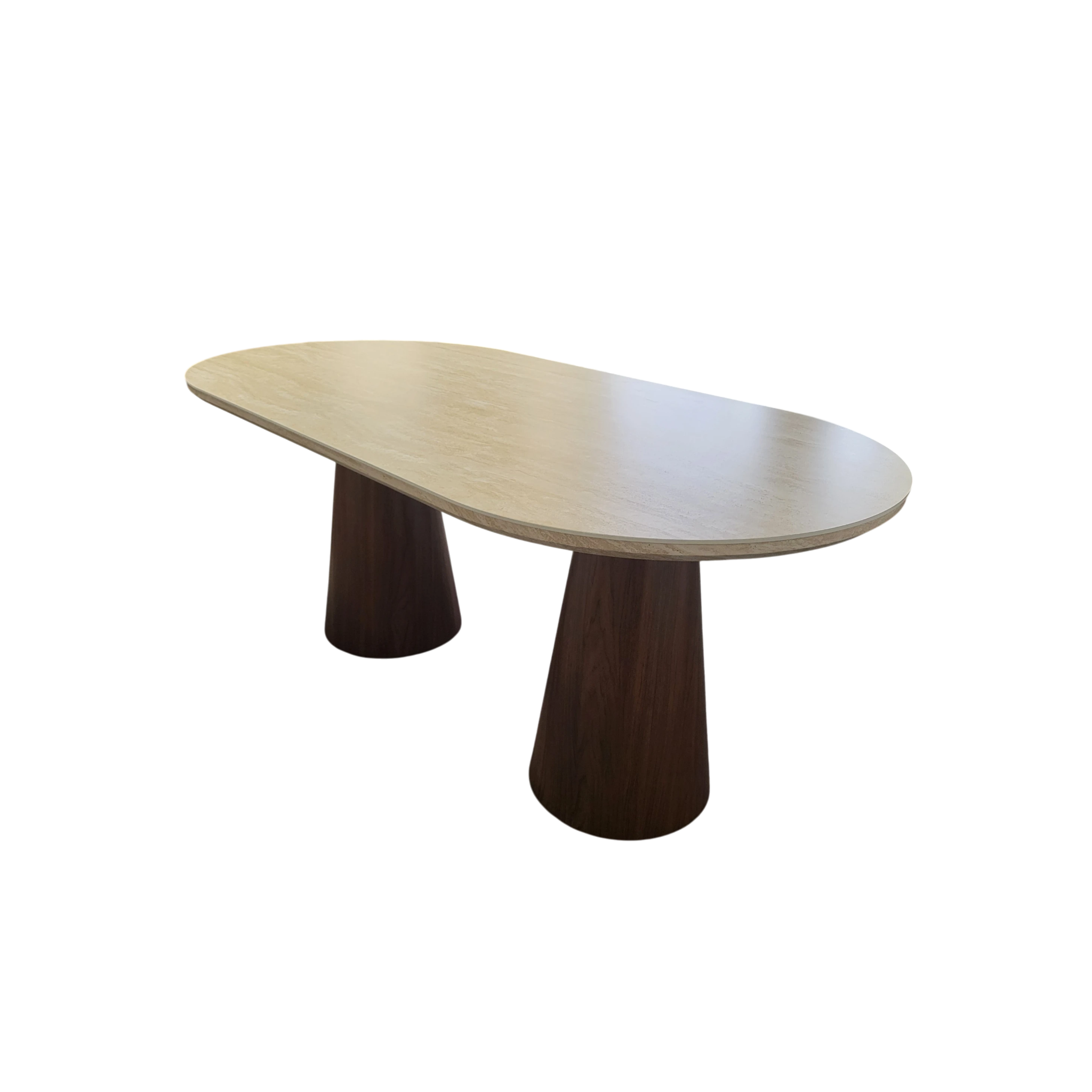 Table à manger ICONIC plateau en céramique effet travertin - Pieds noyer REF 63.