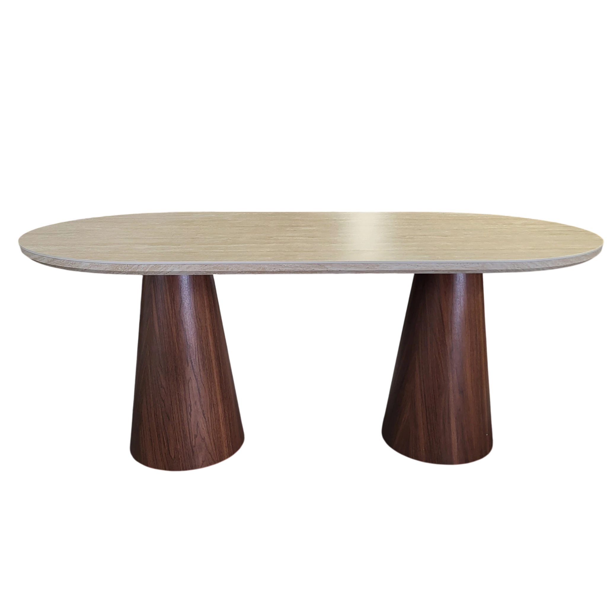 Table à manger ICONIC plateau en céramique effet travertin - Pieds noyer REF 63.